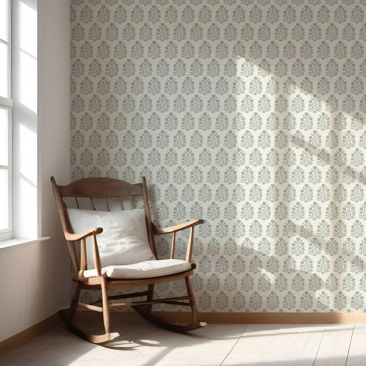 Neutral-Toned Botanical Floral Block Print Nursery Wallpaper Sample (Sage Gray/ Cream)