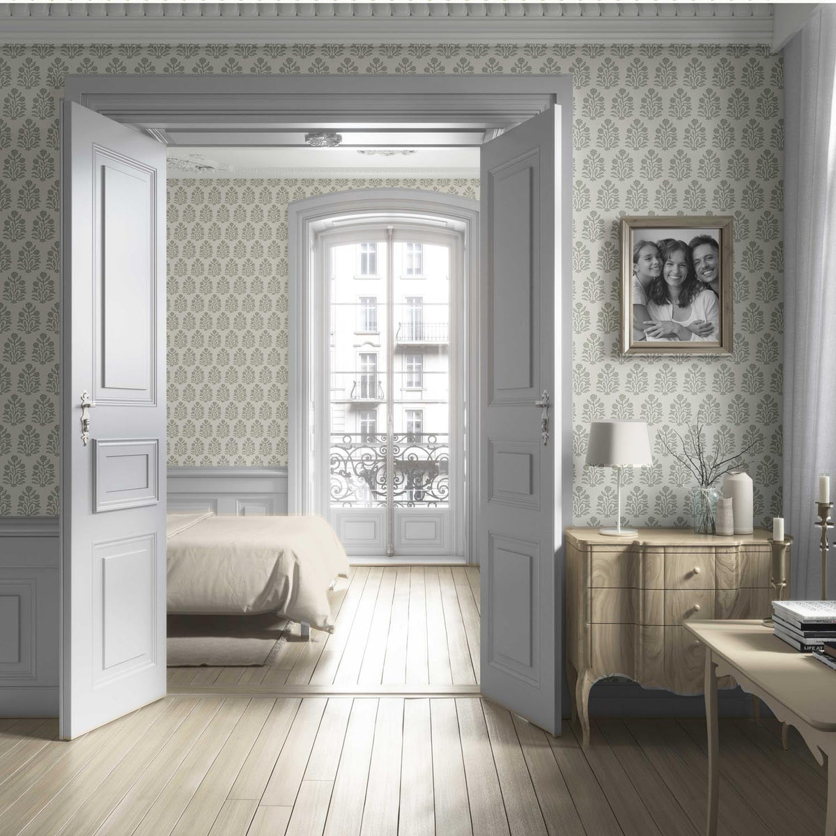 Vintage-Inspired Floral Block Print Living Room Wallpaper (Olive Green/ Cream)