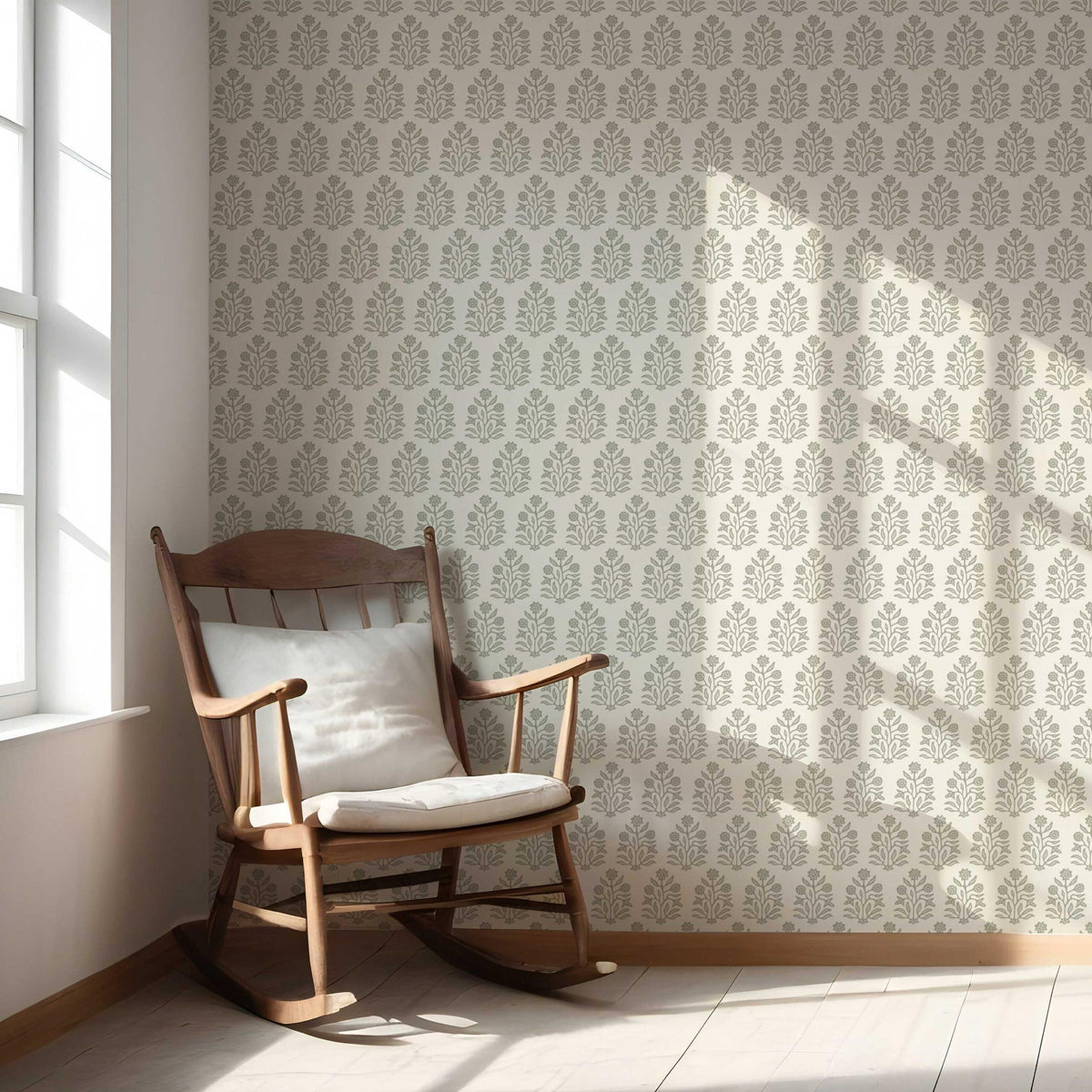 Vintage-Inspired Floral Block Print Nursery Wallpaper Sample (Olive Green/ Cream)