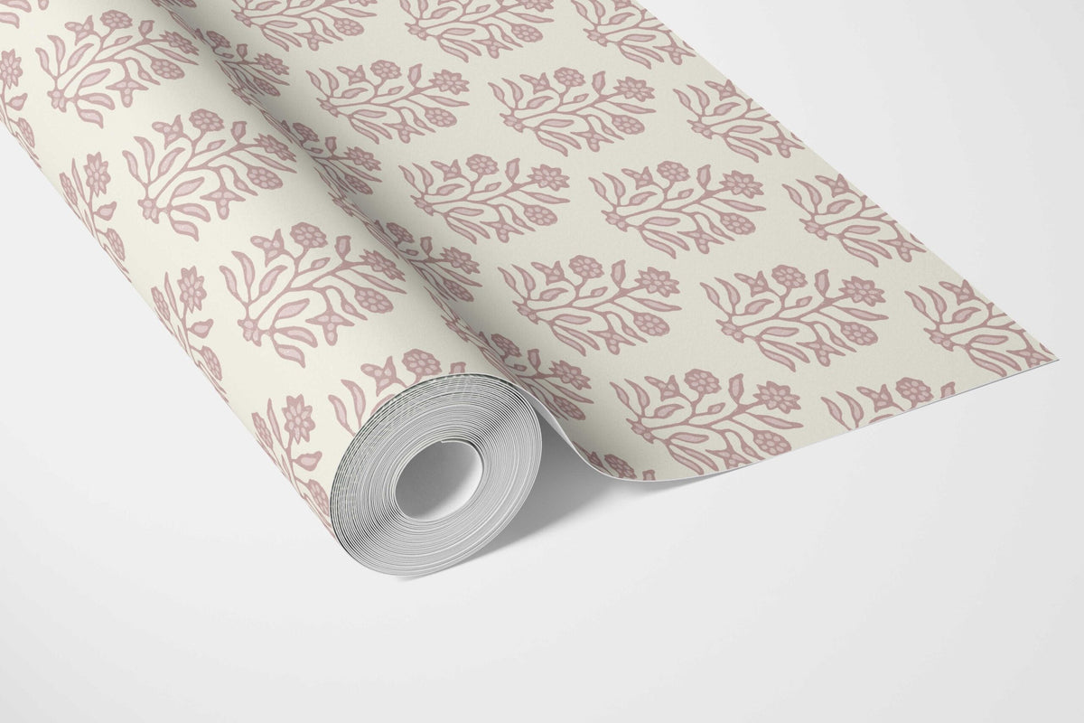 Vintage-Inspired Floral Block Print Bathroom Wallpaper Sample (Pink/ Cream)