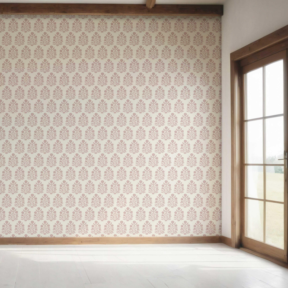 Vintage-Inspired Floral Block Print Bedroom Wallpaper Sample (Pink/ Cream)