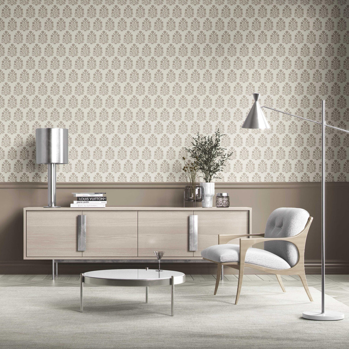 Neutral-Toned Botanical Floral Block Print Kitchen Wallpaper Sample (Brown/ Beige/ Cream)