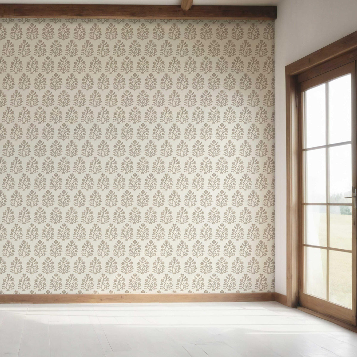 Neutral-Toned Botanical Floral Block Print Bedroom Wallpaper Sample (Brown/ Beige/ Cream)