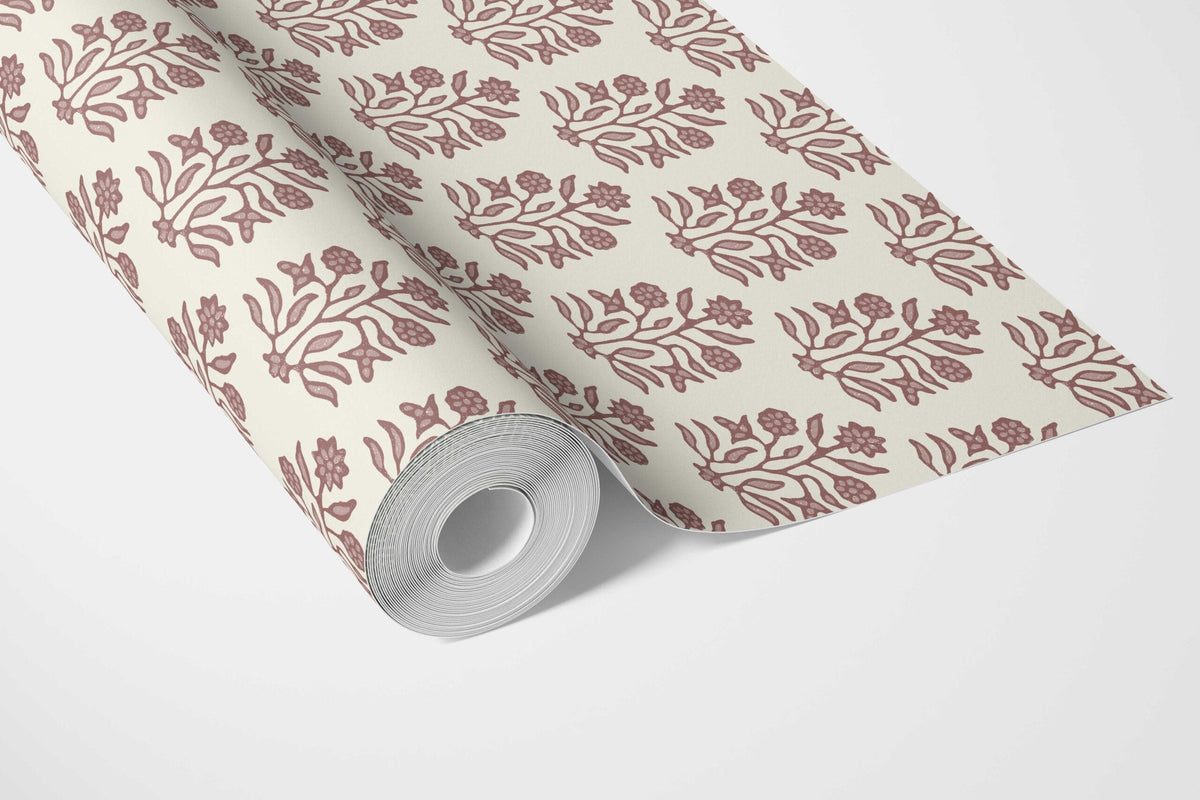 Vintage-Inspired Floral Block Print Bathroom Wallpaper (Mauve Pink/ Cream)