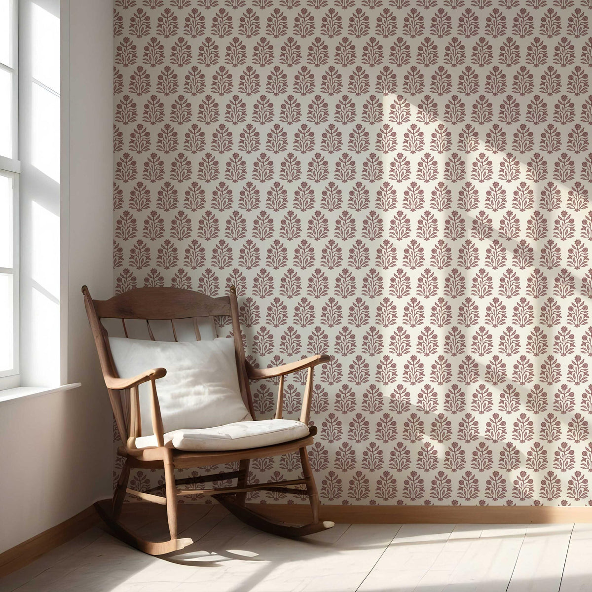 Vintage-Inspired Floral Block Print Nursery Wallpaper (Mauve Pink/ Cream)