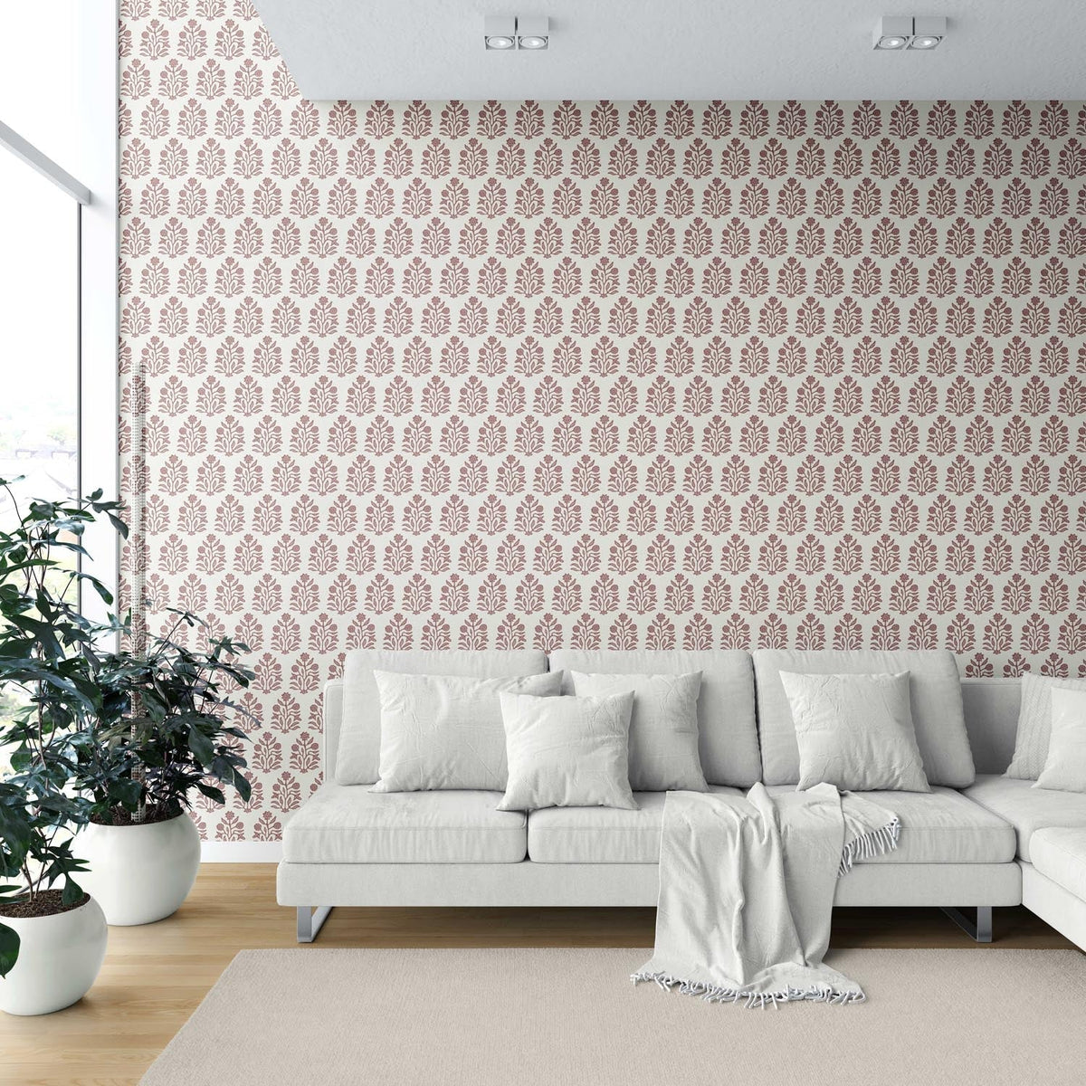 Vintage-Inspired Floral Block Print Shower Toilet Wallpaper (Mauve Pink/ Cream)