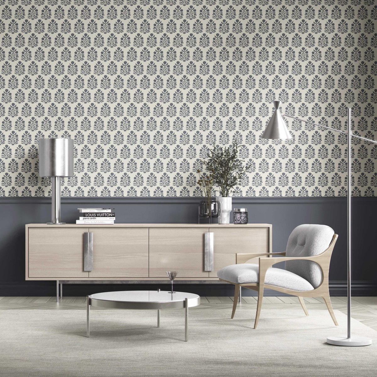 Vintage-Inspired Floral Block Print Kitchen Wallpaper (Navy Blue/ Cream)