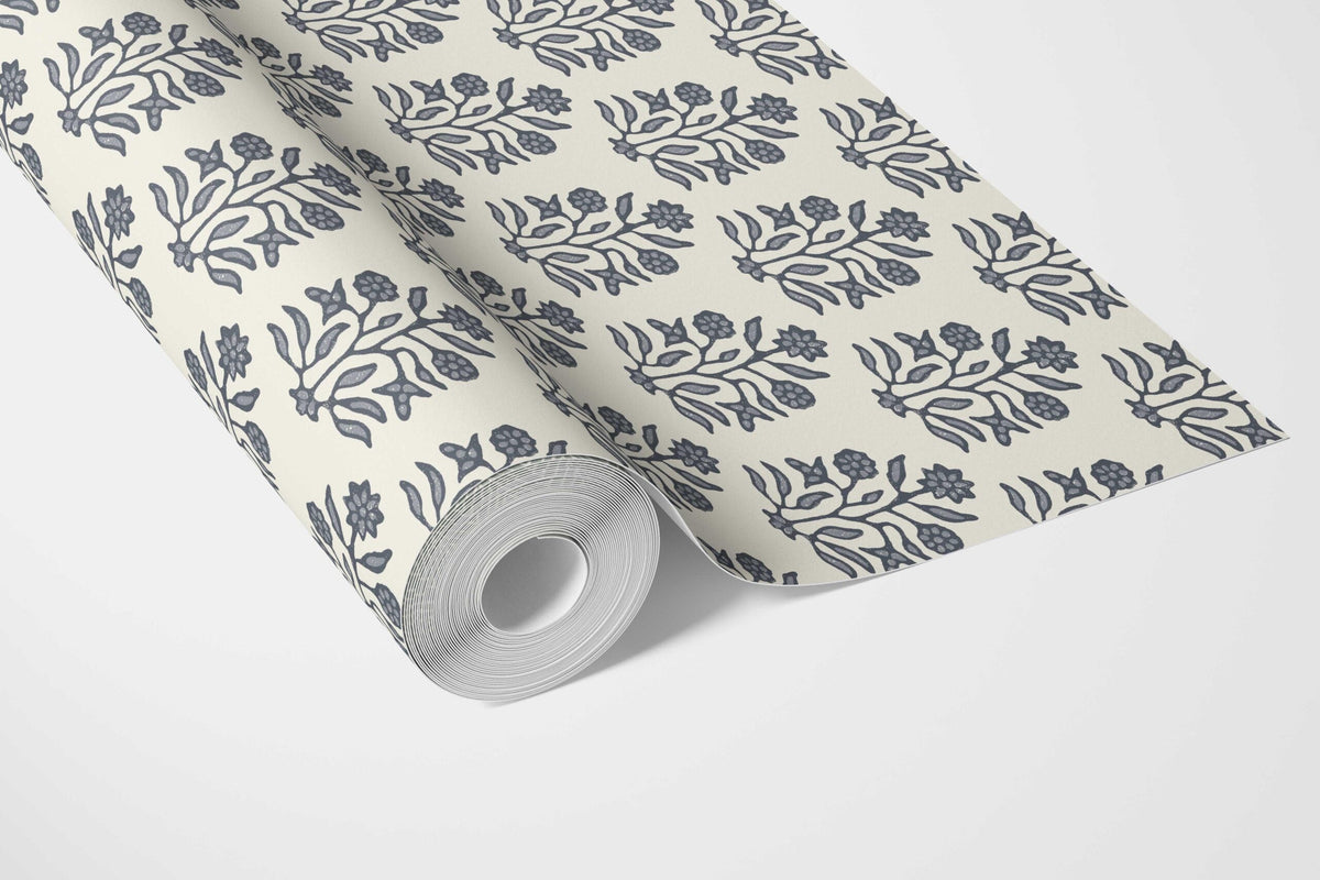Vintage-Inspired Floral Block Print Bathroom Wallpaper Sample (Navy Blue/ Cream)