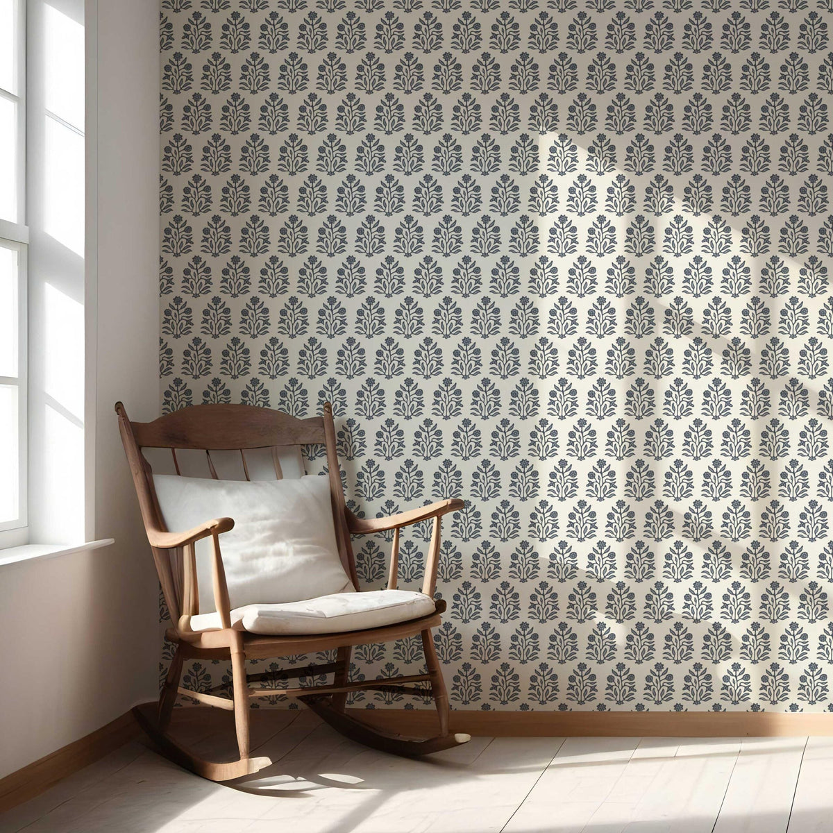 Vintage-Inspired Floral Block Print Nursery Wallpaper Sample (Navy Blue/ Cream)