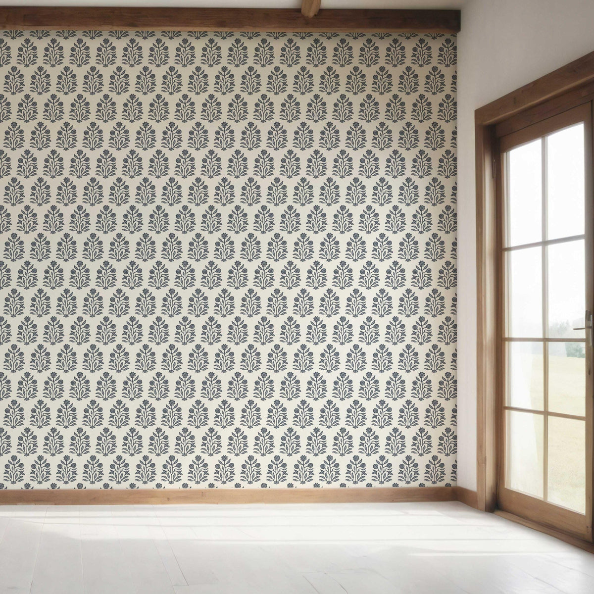 Vintage-Inspired Floral Block Print Bedroom Wallpaper (Navy Blue/ Cream)
