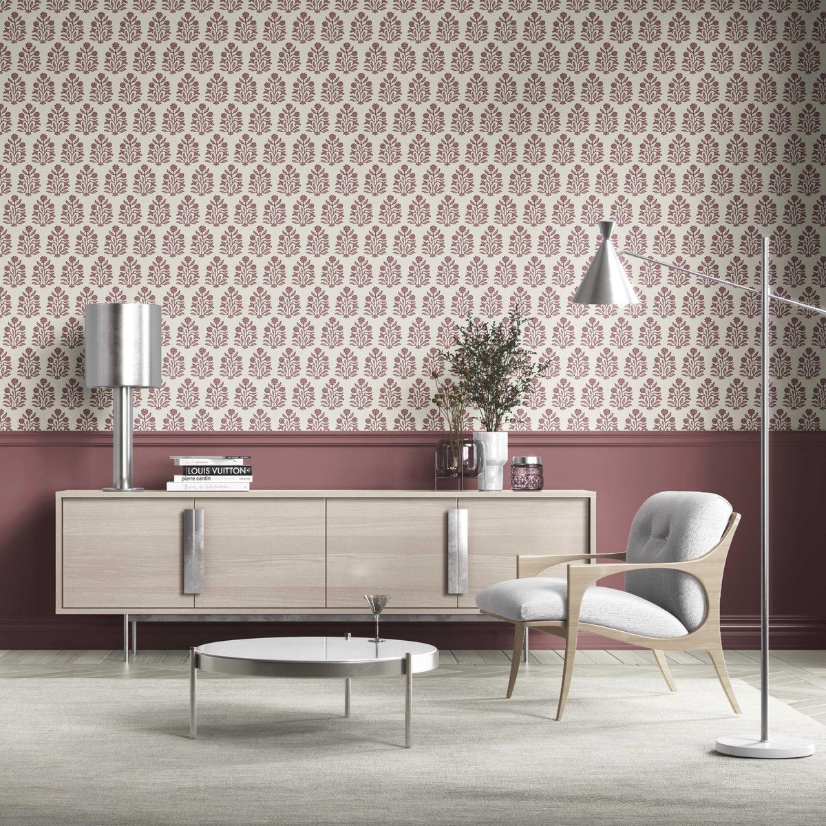 Vintage-Inspired Floral Block Print Kitchen Wallpaper (Deep Pink/ Cream)
