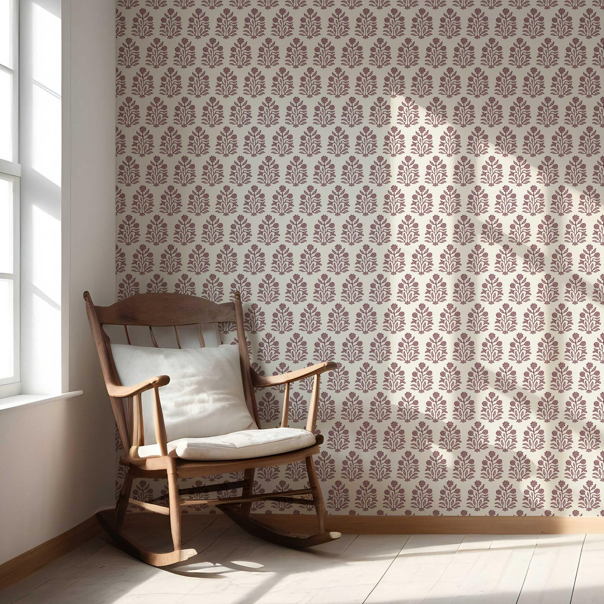 Vintage-Inspired Floral Block Print Nursery Wallpaper (Deep Pink/ Cream)