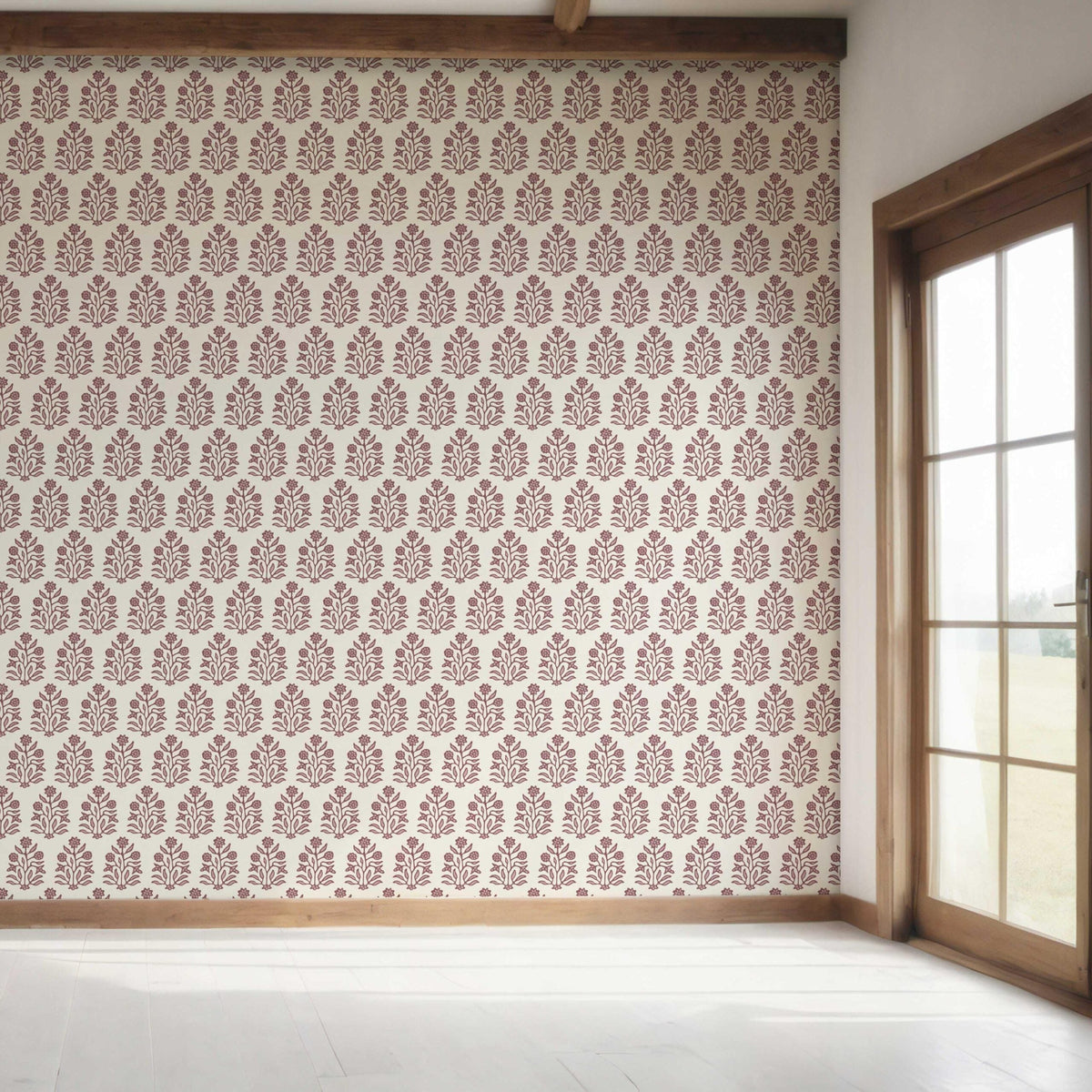 Vintage-Inspired Floral Block Print Bedroom Wallpaper (Deep Pink/ Cream)