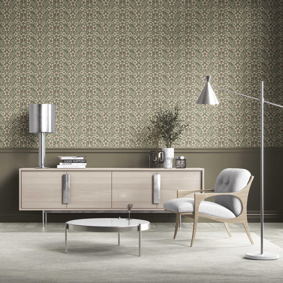 Modern Botanical Floral Kitchen Wallpaper Sample (Olive Green/ Beige)