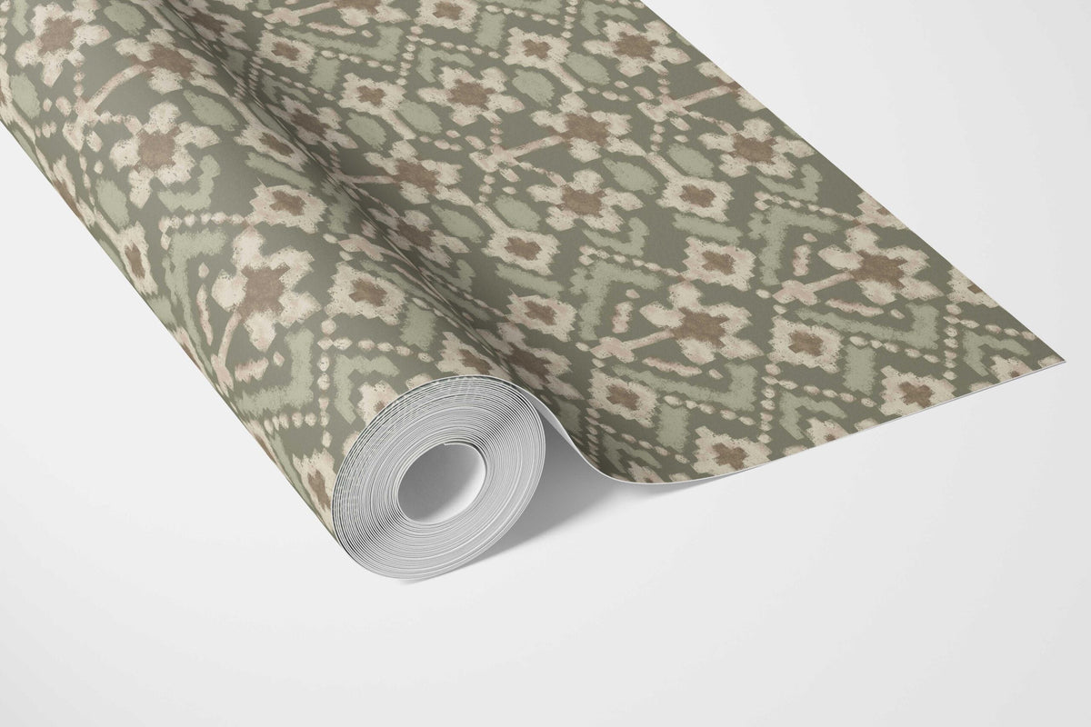 Modern Botanical Floral Bathroom Wallpaper Sample (Olive Green/ Beige)
