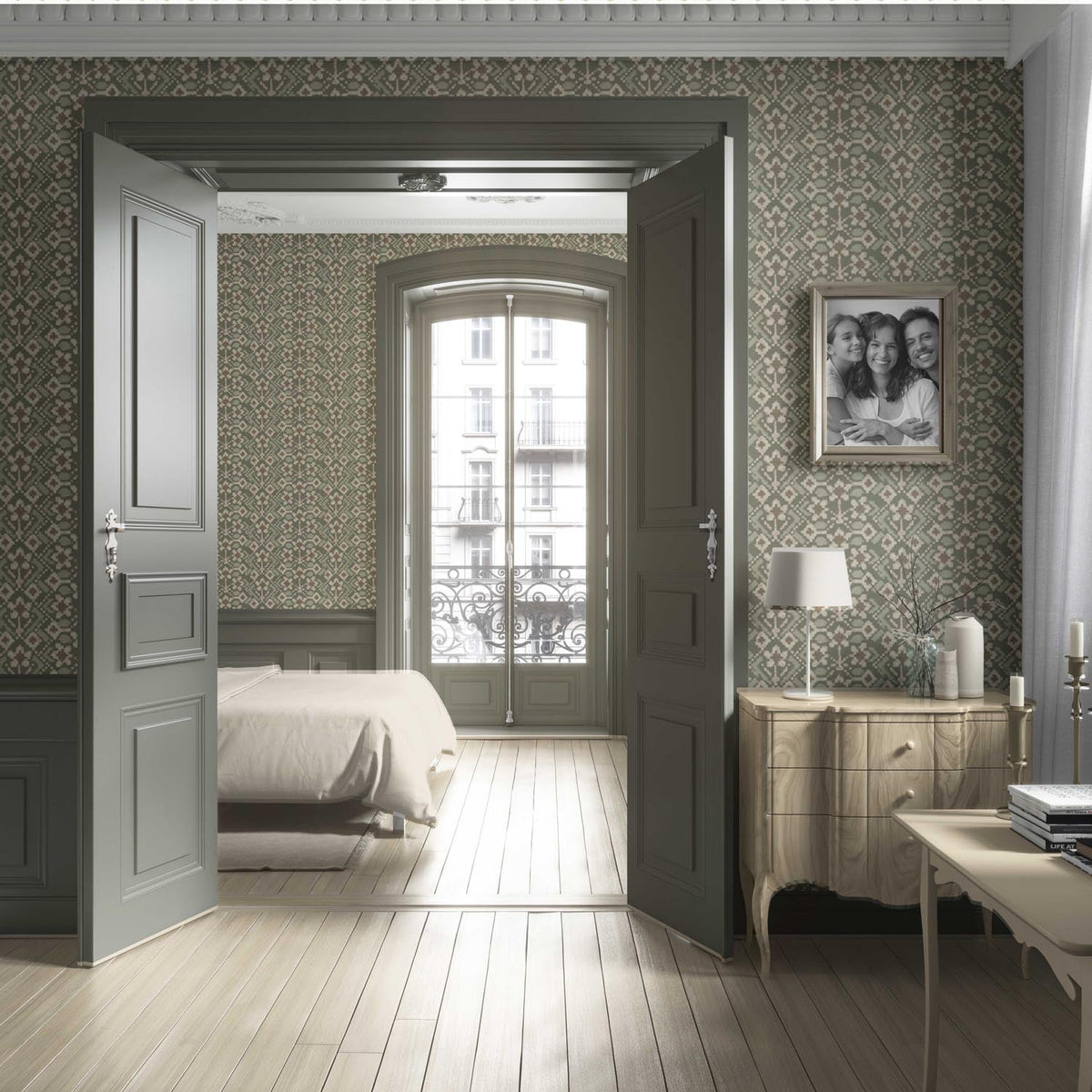 Modern Botanical Floral Living Room Wallpaper Sample (Olive Green/ Beige)