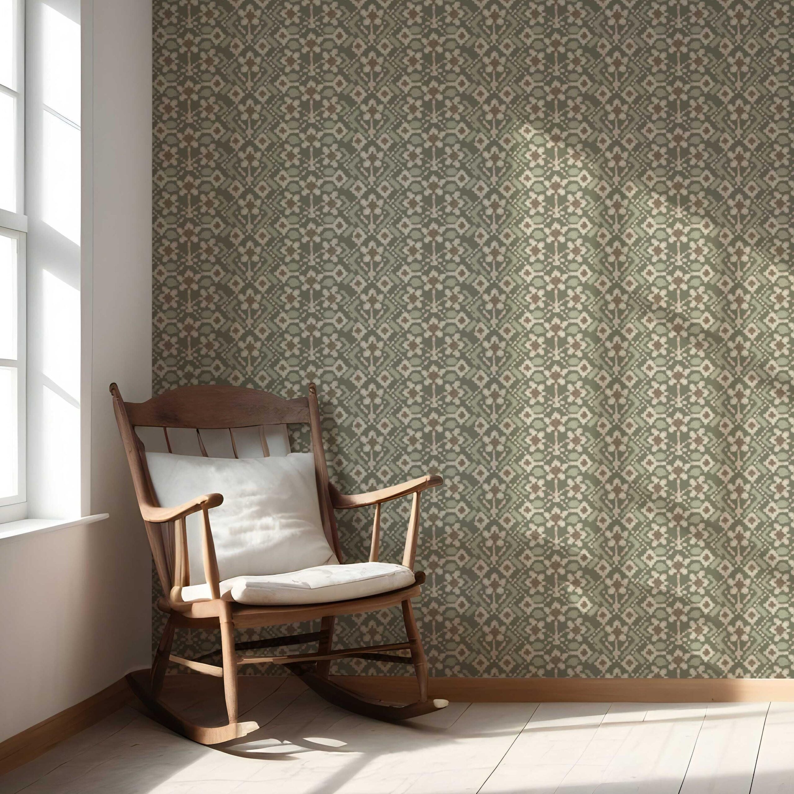 Modern Botanical Floral Nursery Wallpaper (Olive Green/ Beige)