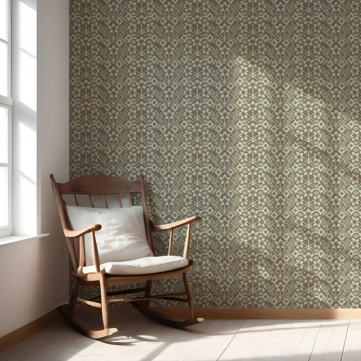 Modern Botanical Floral Nursery Wallpaper Sample (Olive Green/ Beige)