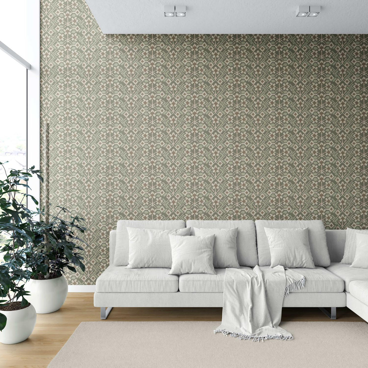 Modern Botanical Floral Shower Toilet Wallpaper Sample (Olive Green/ Beige)