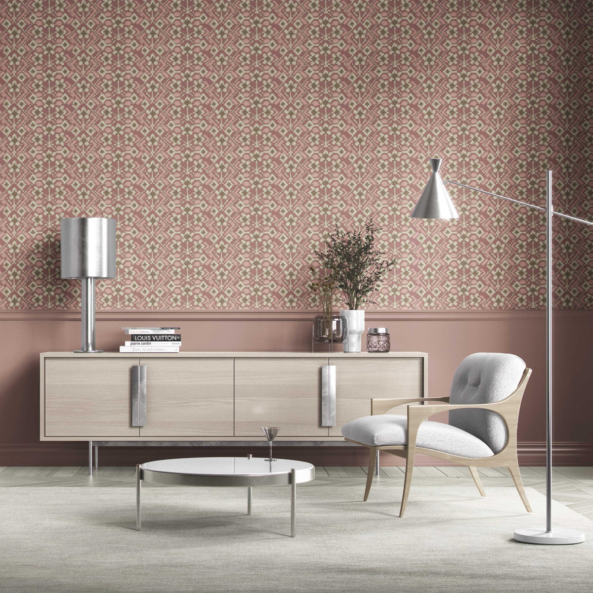 Modern Botanical Floral Kitchen Wallpaper Sample (Peach/ Dusky Pink/ Beige)