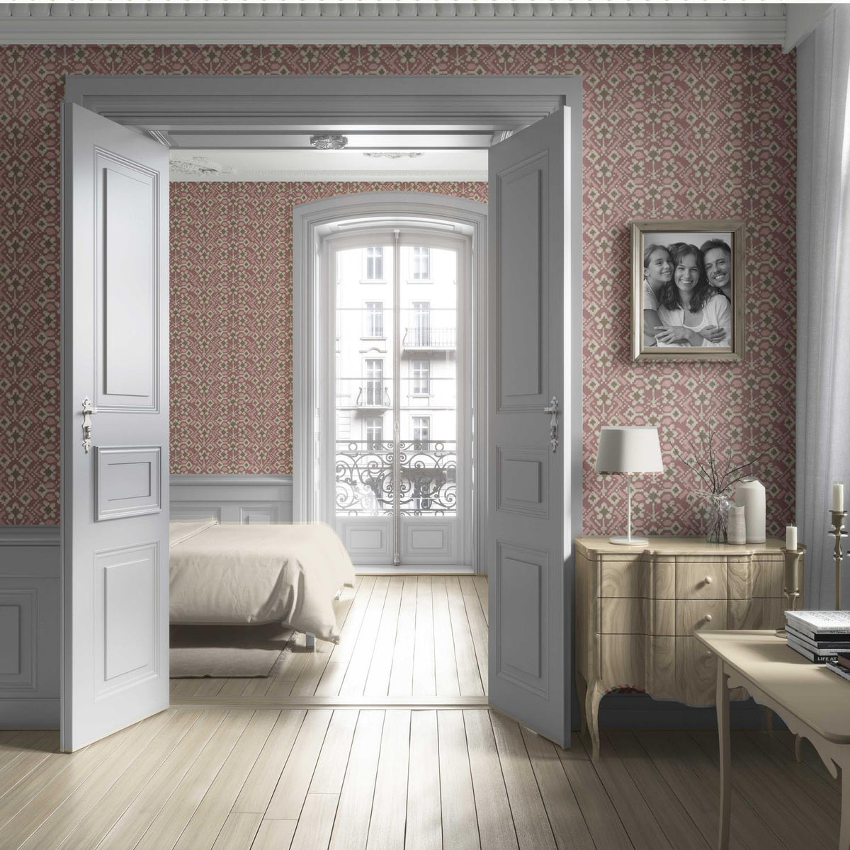Modern Botanical Floral Living Room Wallpaper Sample (Peach/ Dusky Pink/ Beige)