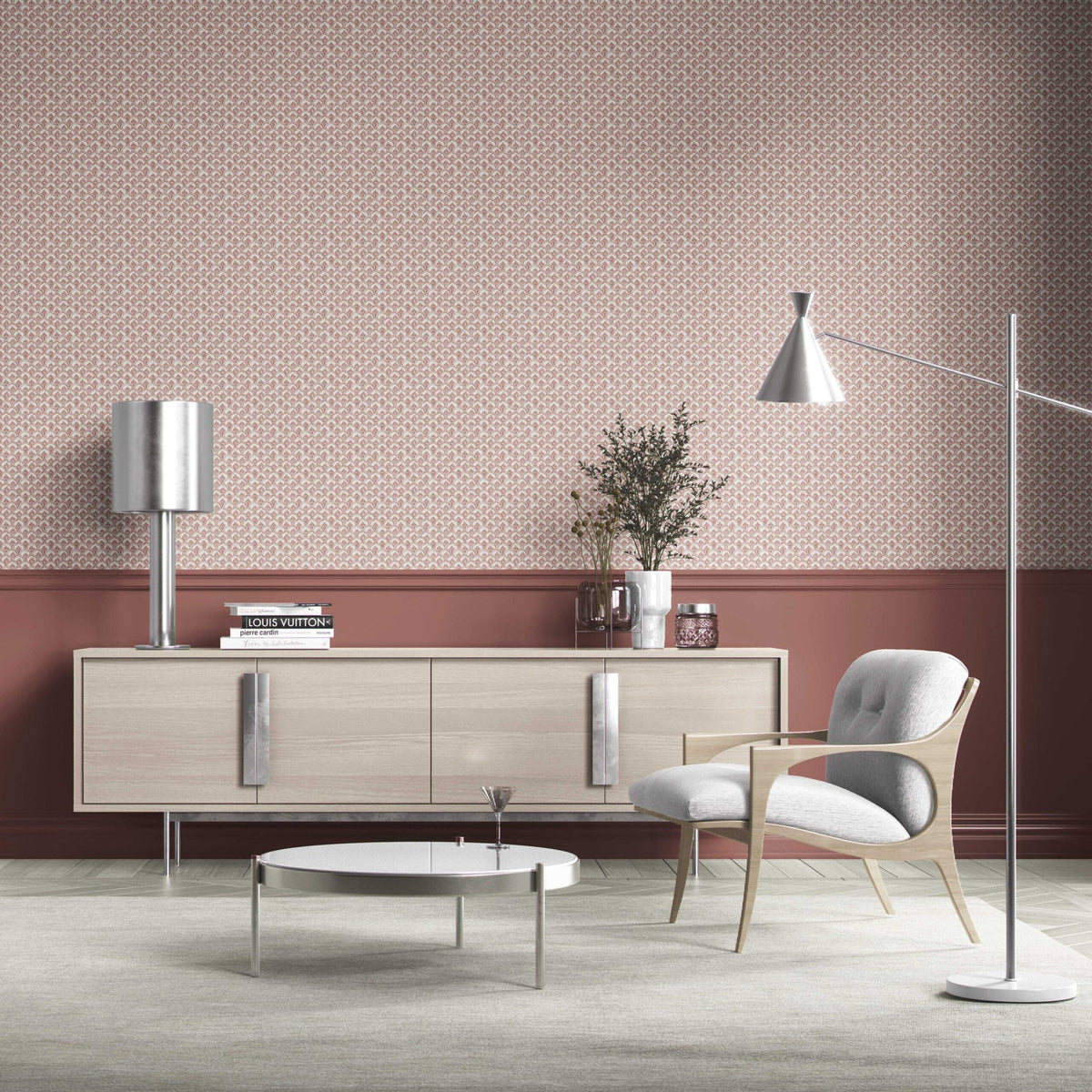 Small-Scale Floral Lattice Bathroom Wallpaper (Red/ Pink/ White)