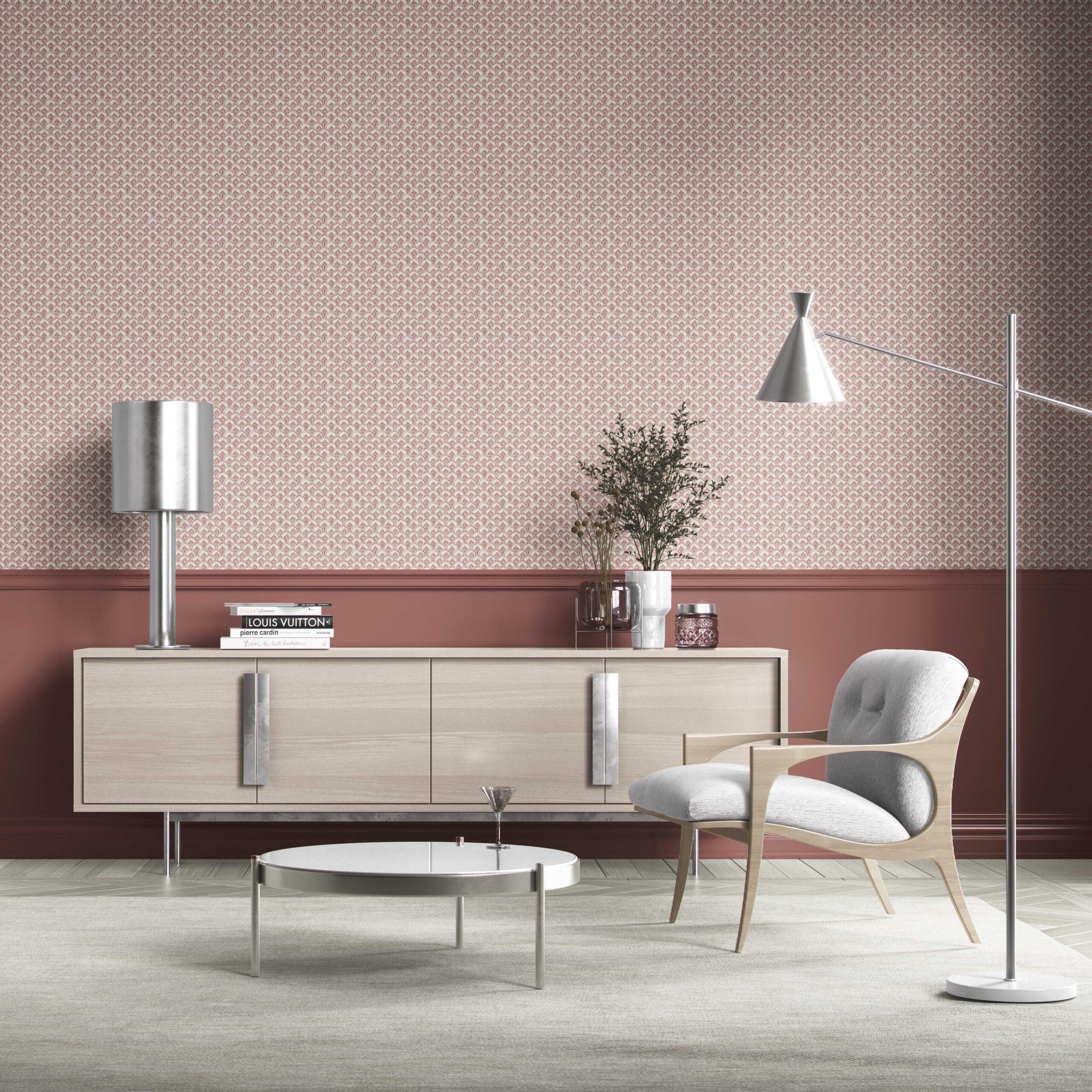 Small-Scale Floral Lattice Bathroom Wallpaper Sample (Red/ Pink/ White)