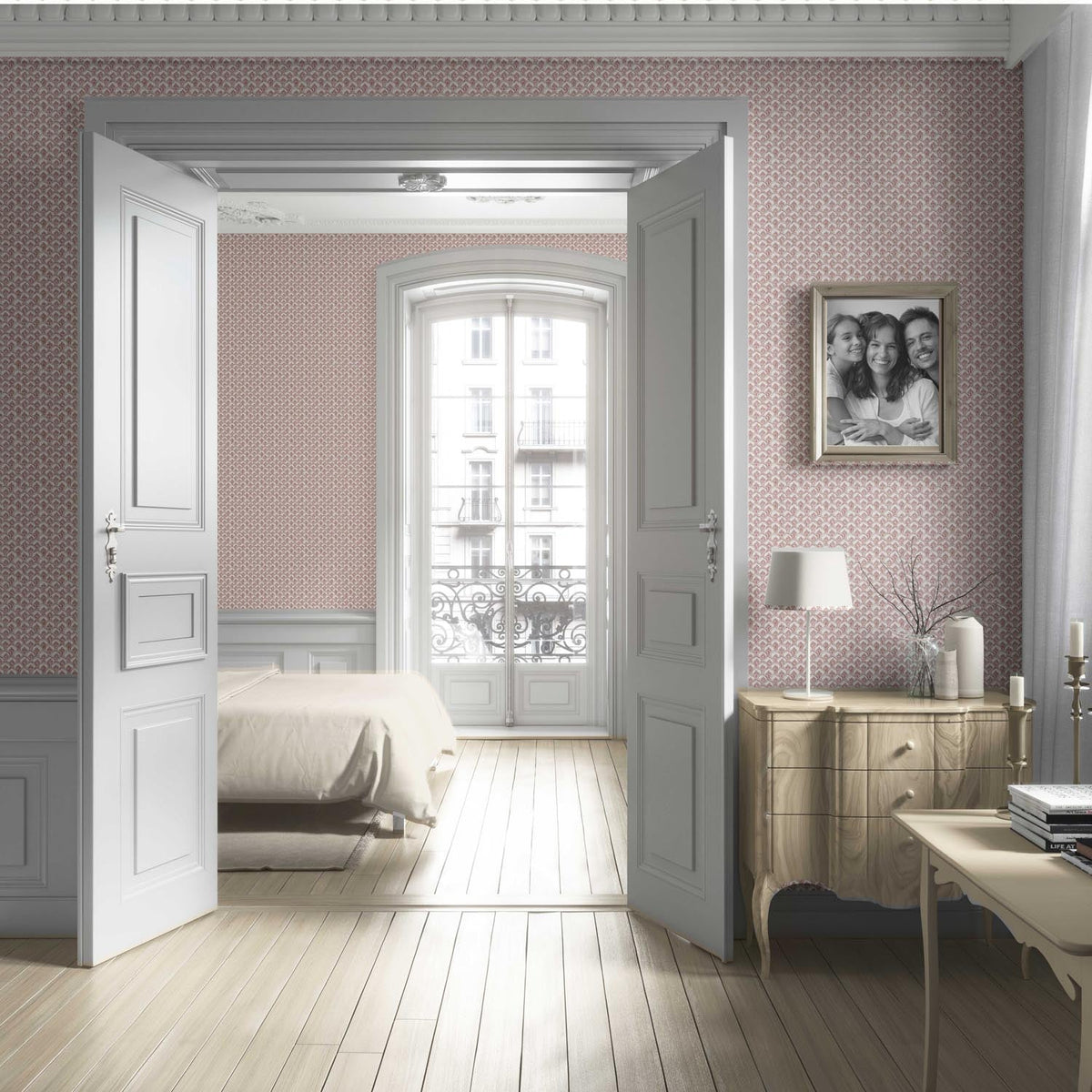 Small-Scale Floral Lattice Living Room Wallpaper (Red/ Pink/ White)