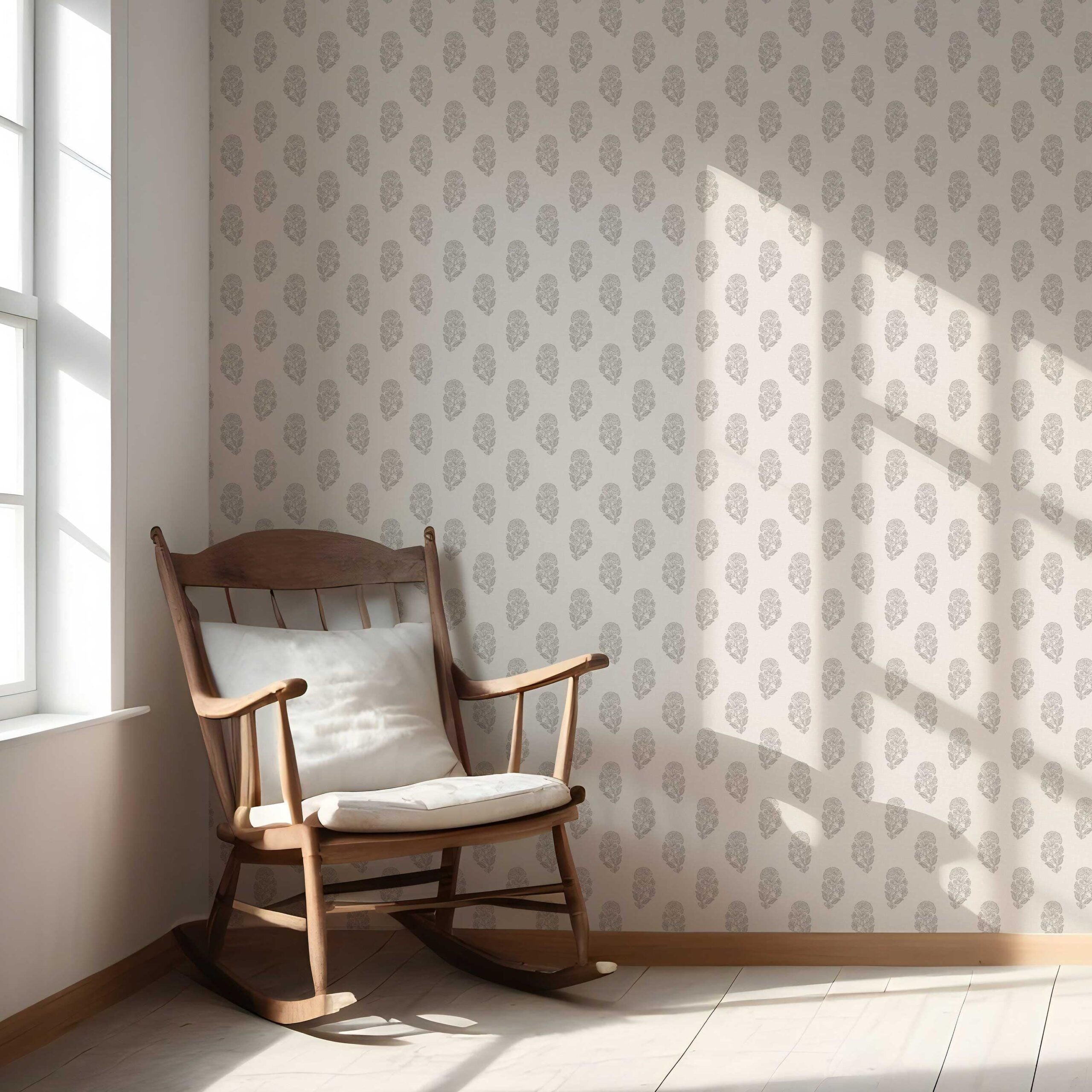 Neutral Botanical/ Floral Block Print Nursery Wallpaper Sample (Gray/ Soft Taupe/ Cream)
