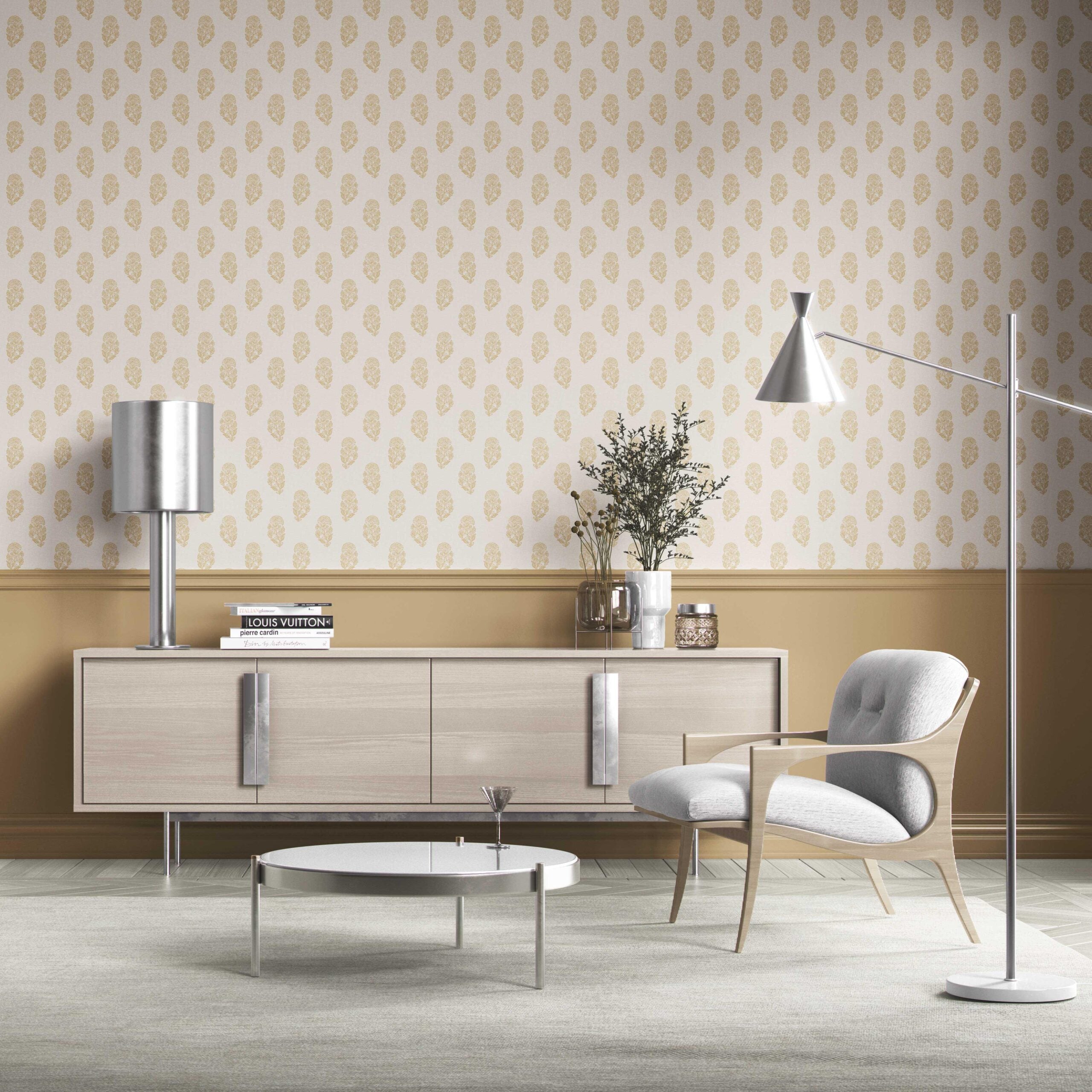 Botanical/ Floral Block Print Kitchen Wallpaper (Yellow/ Cream)