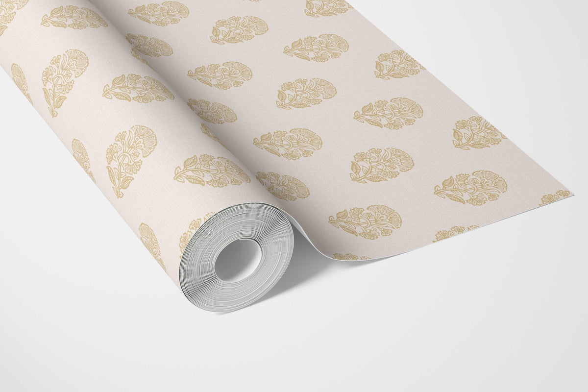 Botanical/ Floral Block Print Bathroom Wallpaper (Yellow/ Cream)