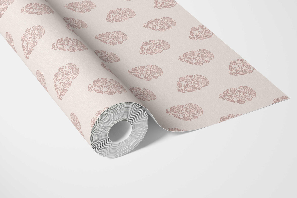 Botanical/ Floral Block Print Bathroom Wallpaper (Pink/ Cream)