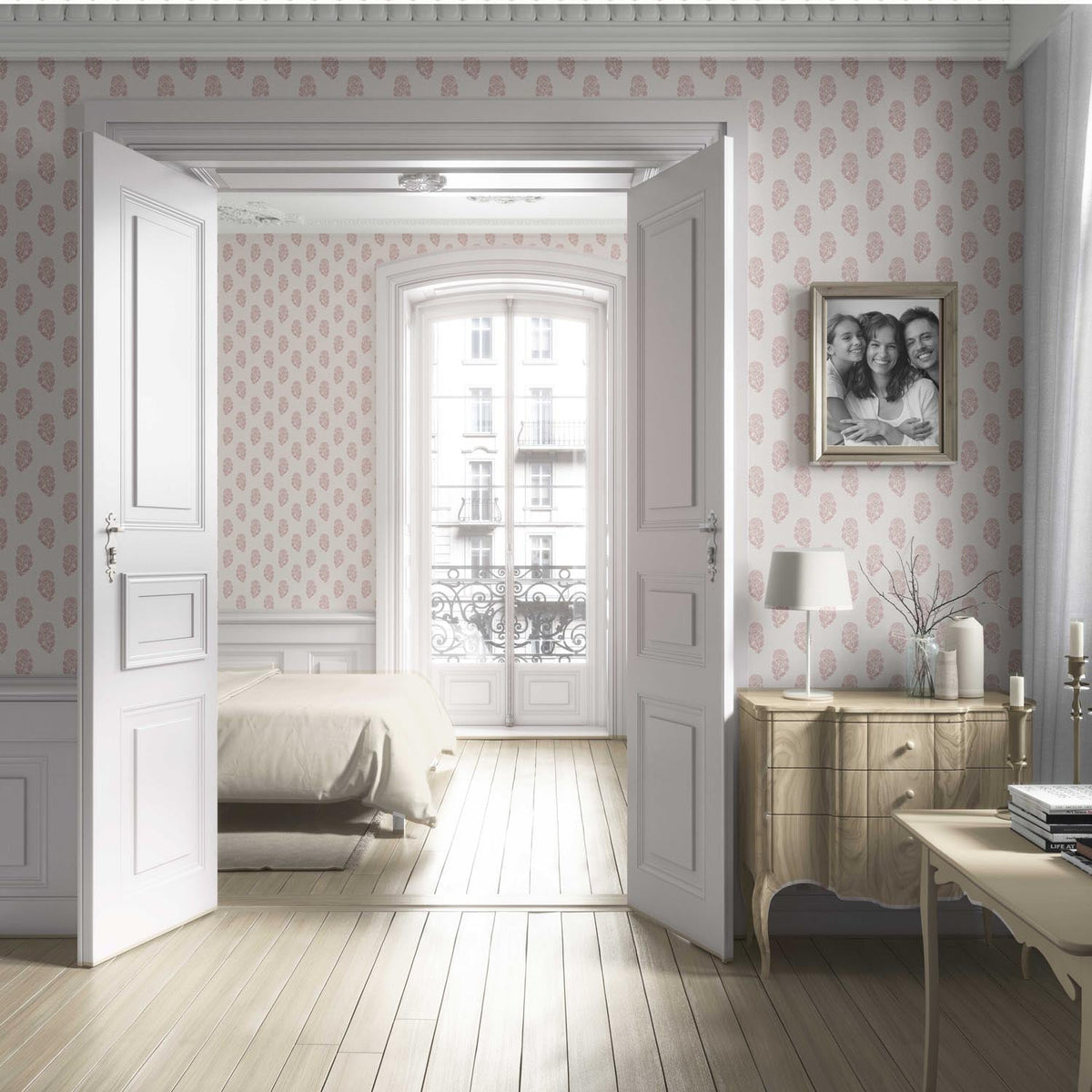 Botanical/ Floral Block Print Living Room Wallpaper (Pink/ Cream)
