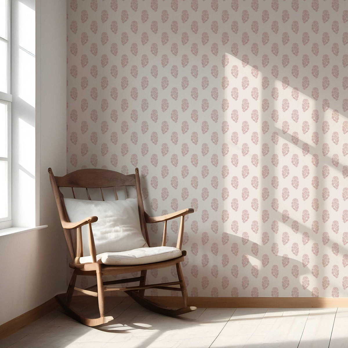 Botanical/ Floral Block Print Nursery Wallpaper (Pink/ Cream)