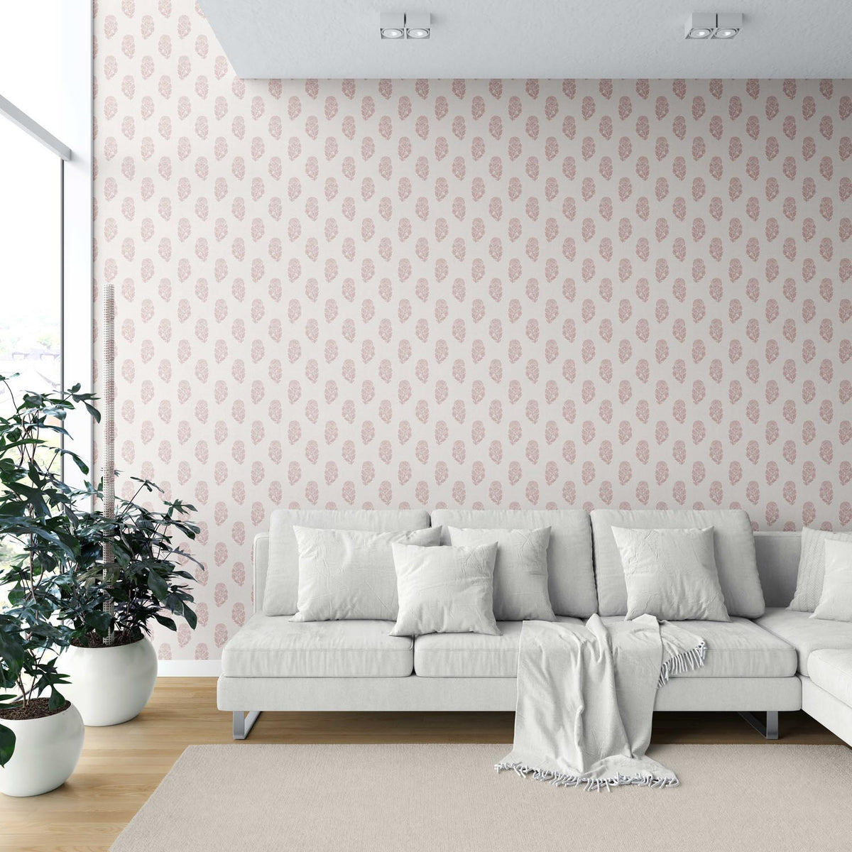 Botanical/ Floral Block Print Shower Toilet Wallpaper (Pink/ Cream)