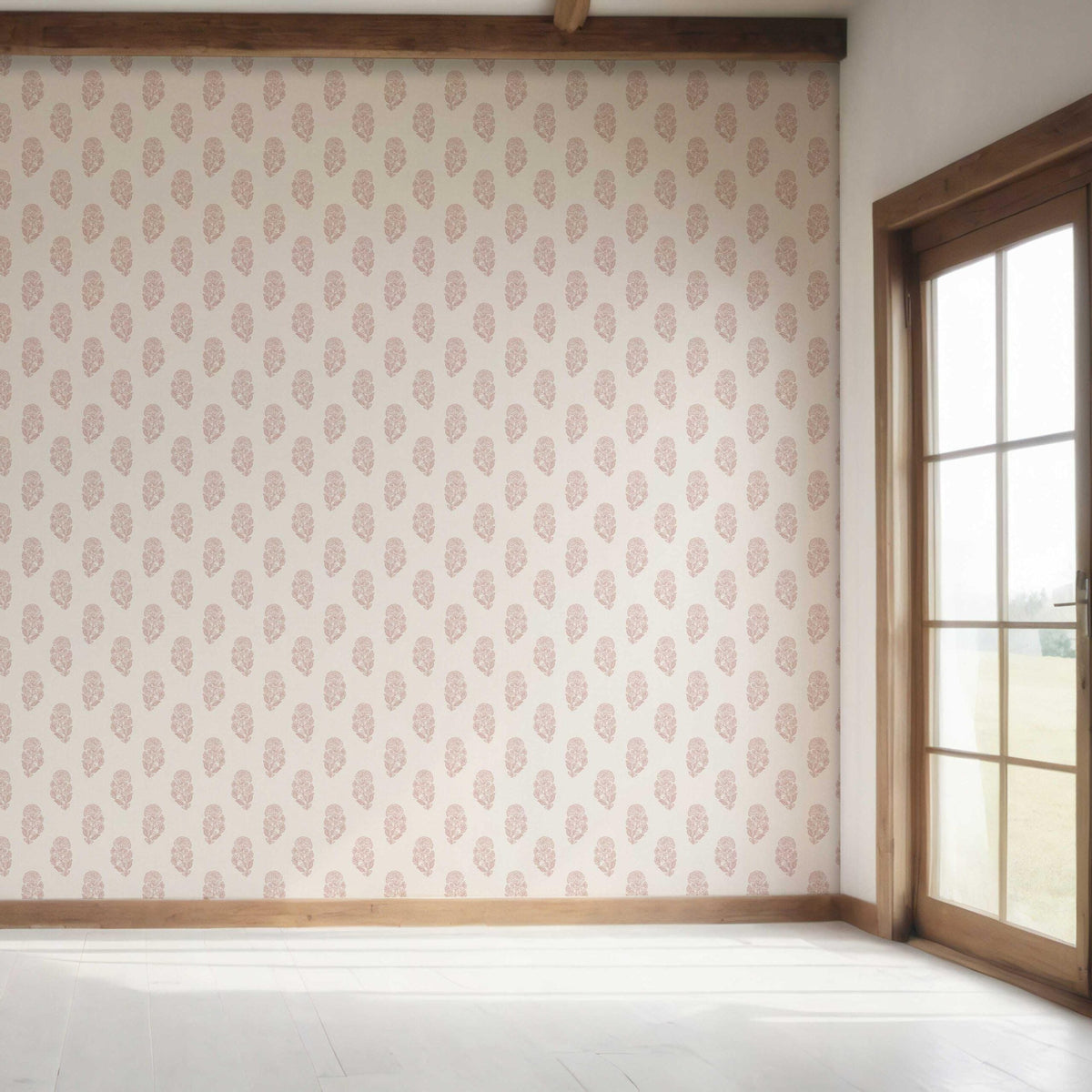 Botanical/ Floral Block Print Bedroom Wallpaper Sample (Pink/ Cream)