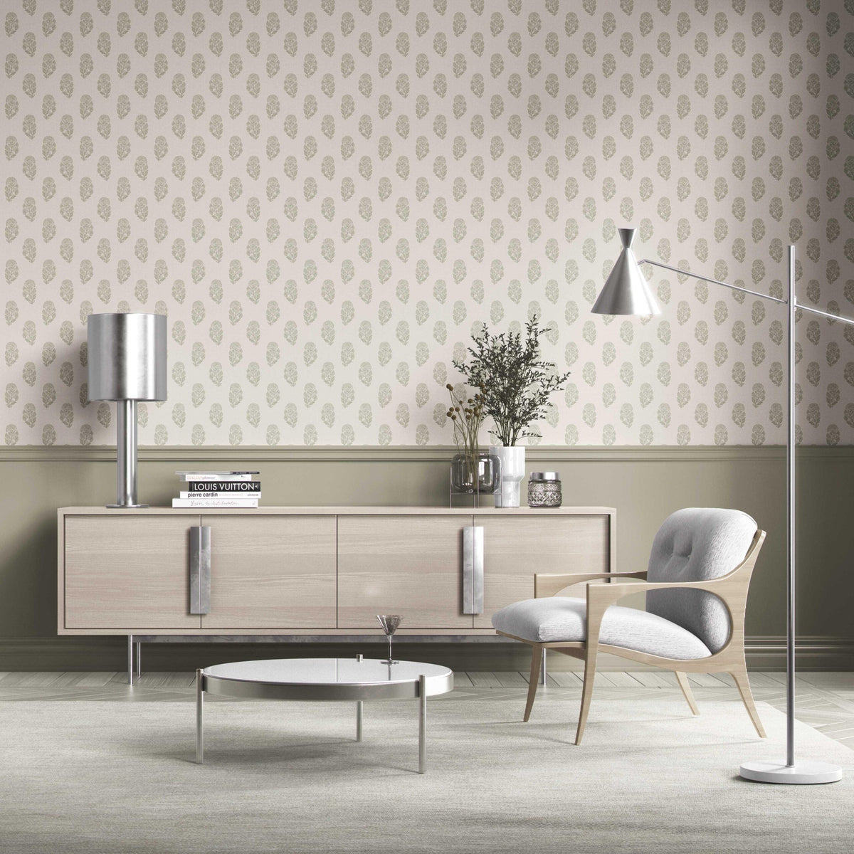 Botanical/ Floral Block Print Kitchen Wallpaper Sample (Olive Green/ Cream)