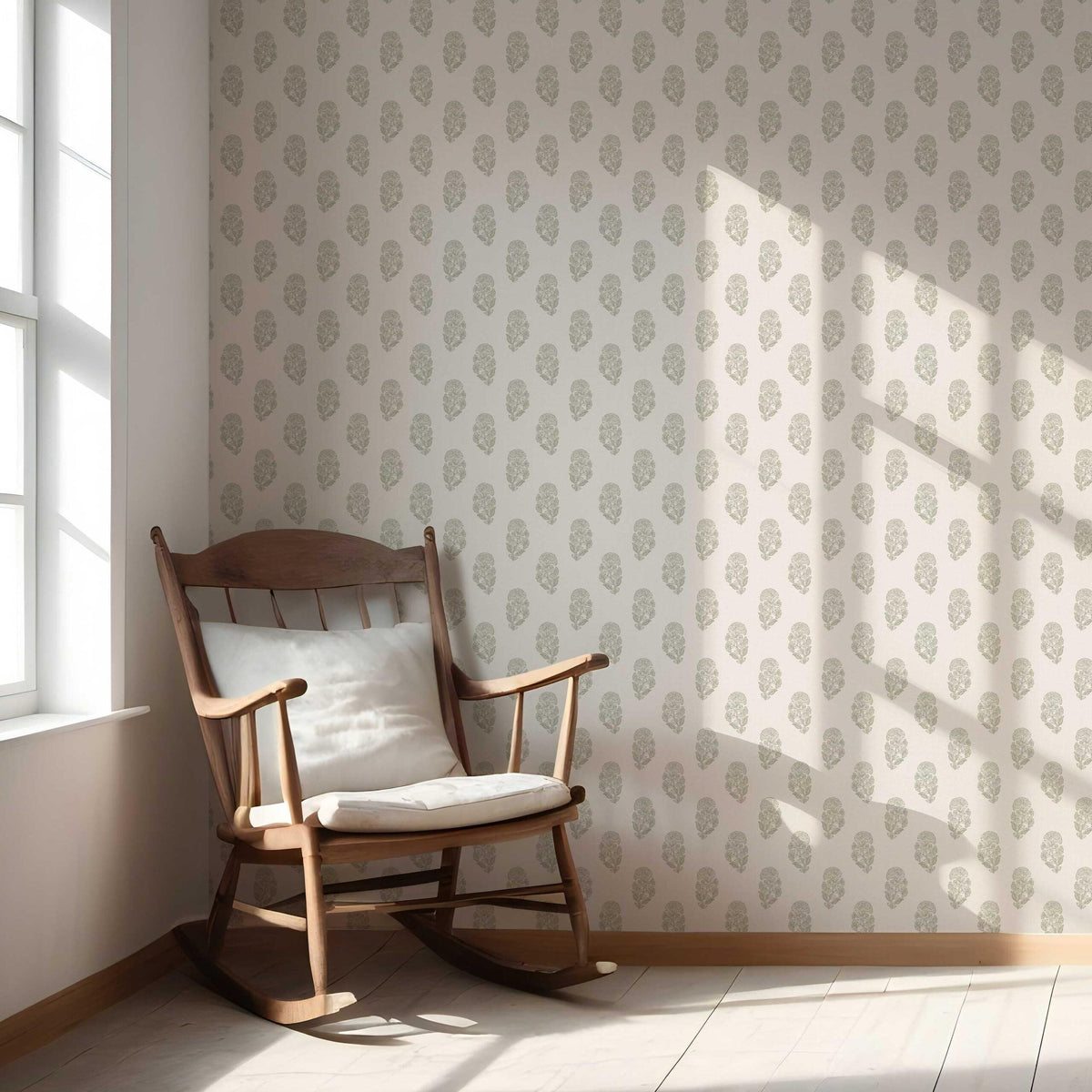 Botanical/ Floral Block Print Nursery Wallpaper (Olive Green/ Cream)