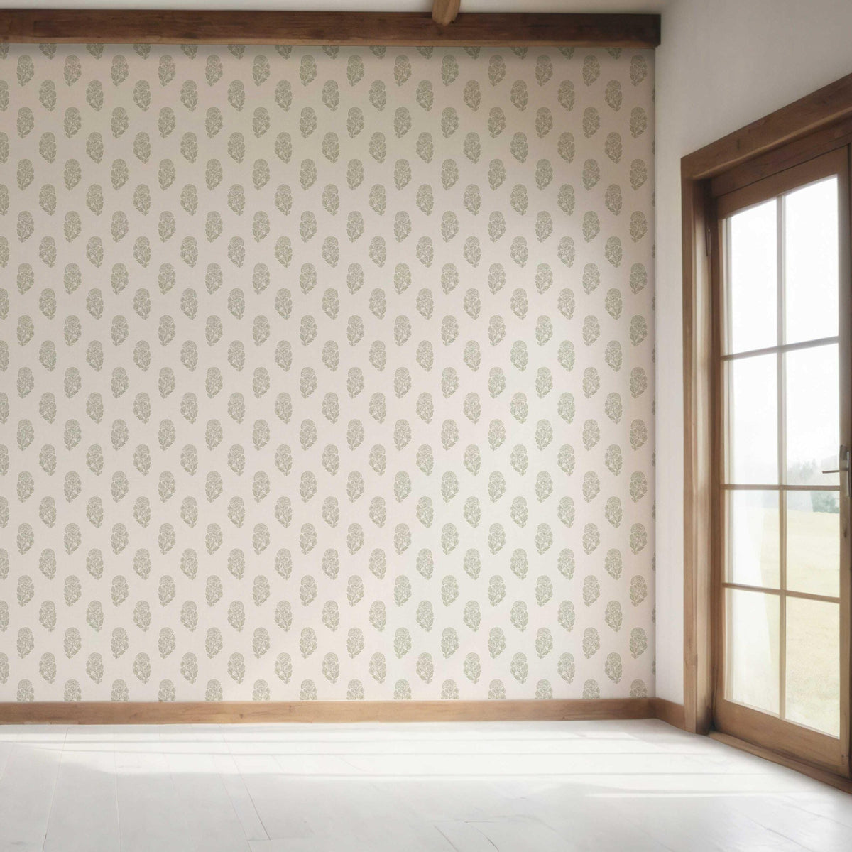 Botanical/ Floral Block Print Bedroom Wallpaper (Olive Green/ Cream)