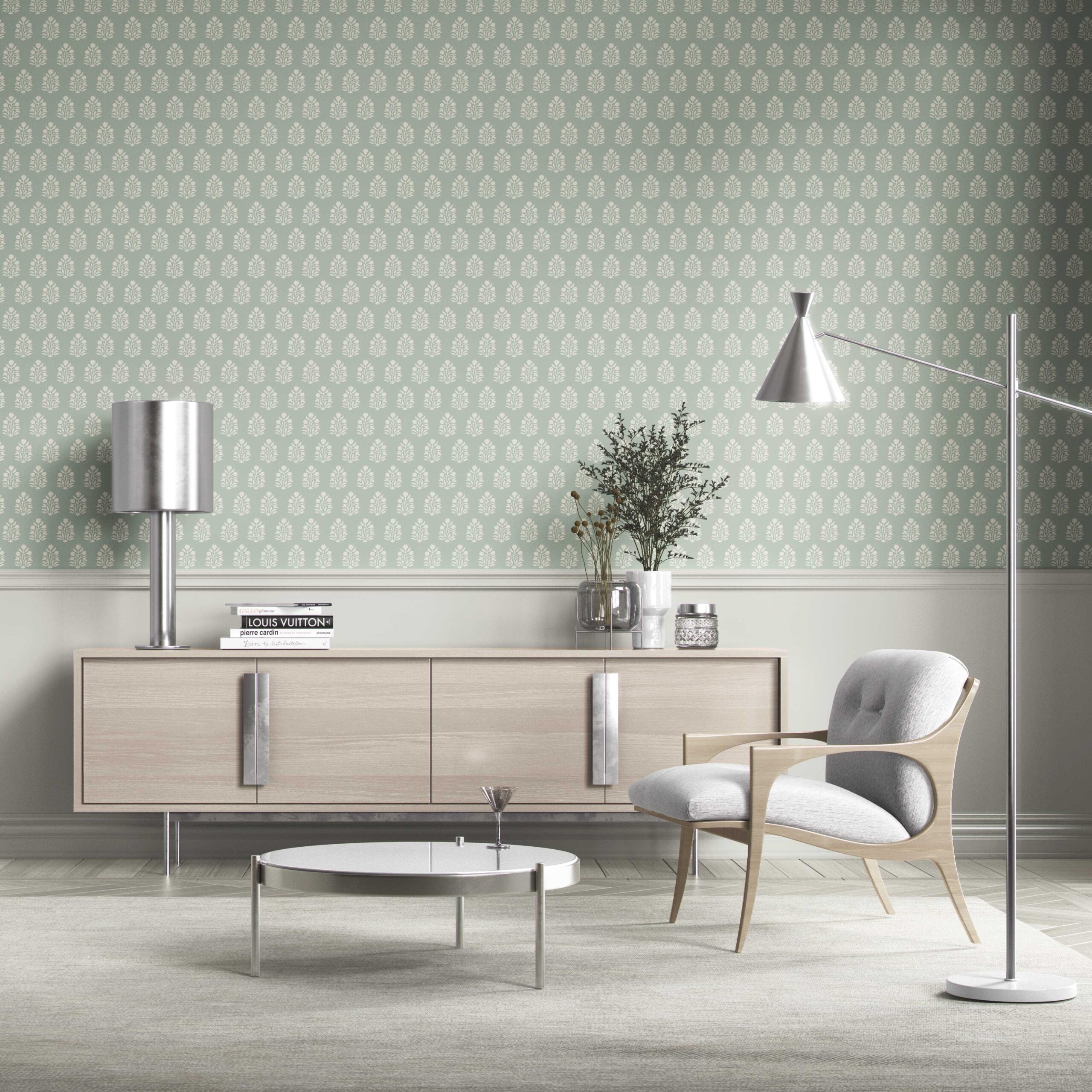 Vintage-Inspired Botanical Floral Block Print Kitchen Wallpaper Sample (Duck Egg Blue/ Cream)