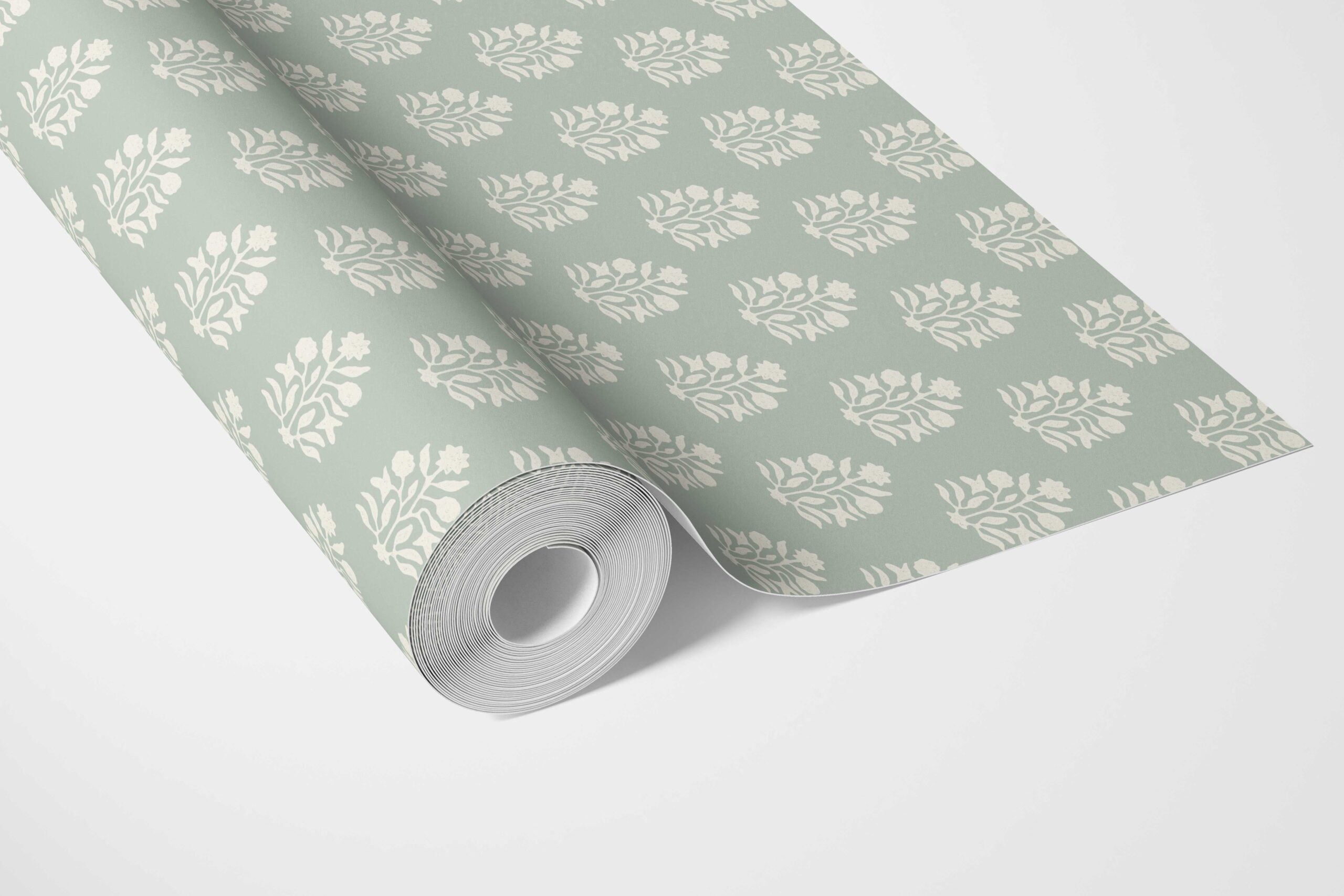 Vintage-Inspired Botanical Floral Block Print Bathroom Wallpaper Sample (Duck Egg Blue/ Cream)