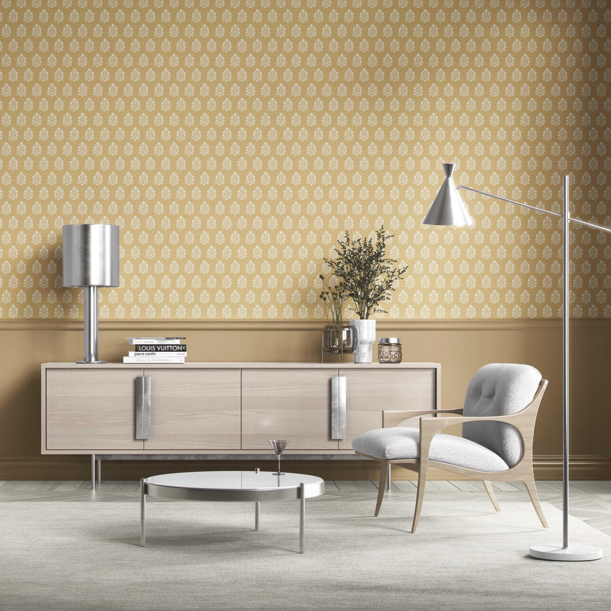Vintage-Inspired Botanical Floral Block Print Kitchen Wallpaper Sample (Yellow/ Cream)