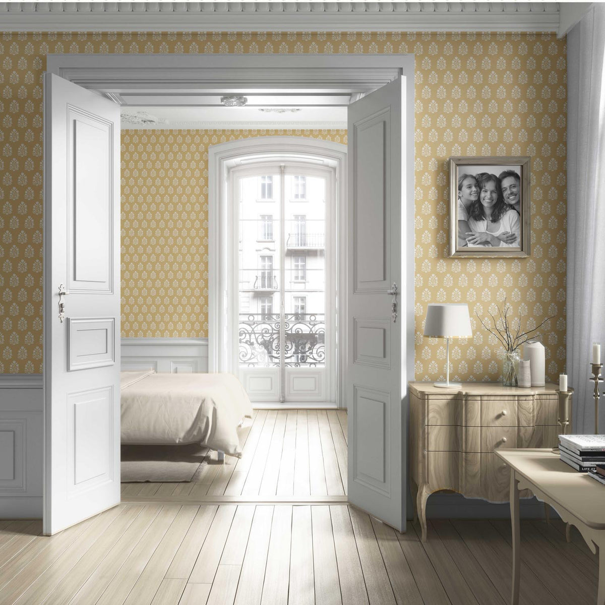 Vintage-Inspired Botanical Floral Block Print Living Room Wallpaper (Yellow/ Cream)