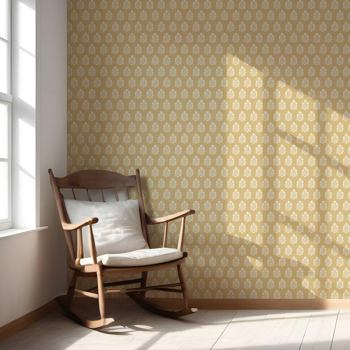 Vintage-Inspired Botanical Floral Block Print Nursery Wallpaper Sample (Yellow/ Cream)
