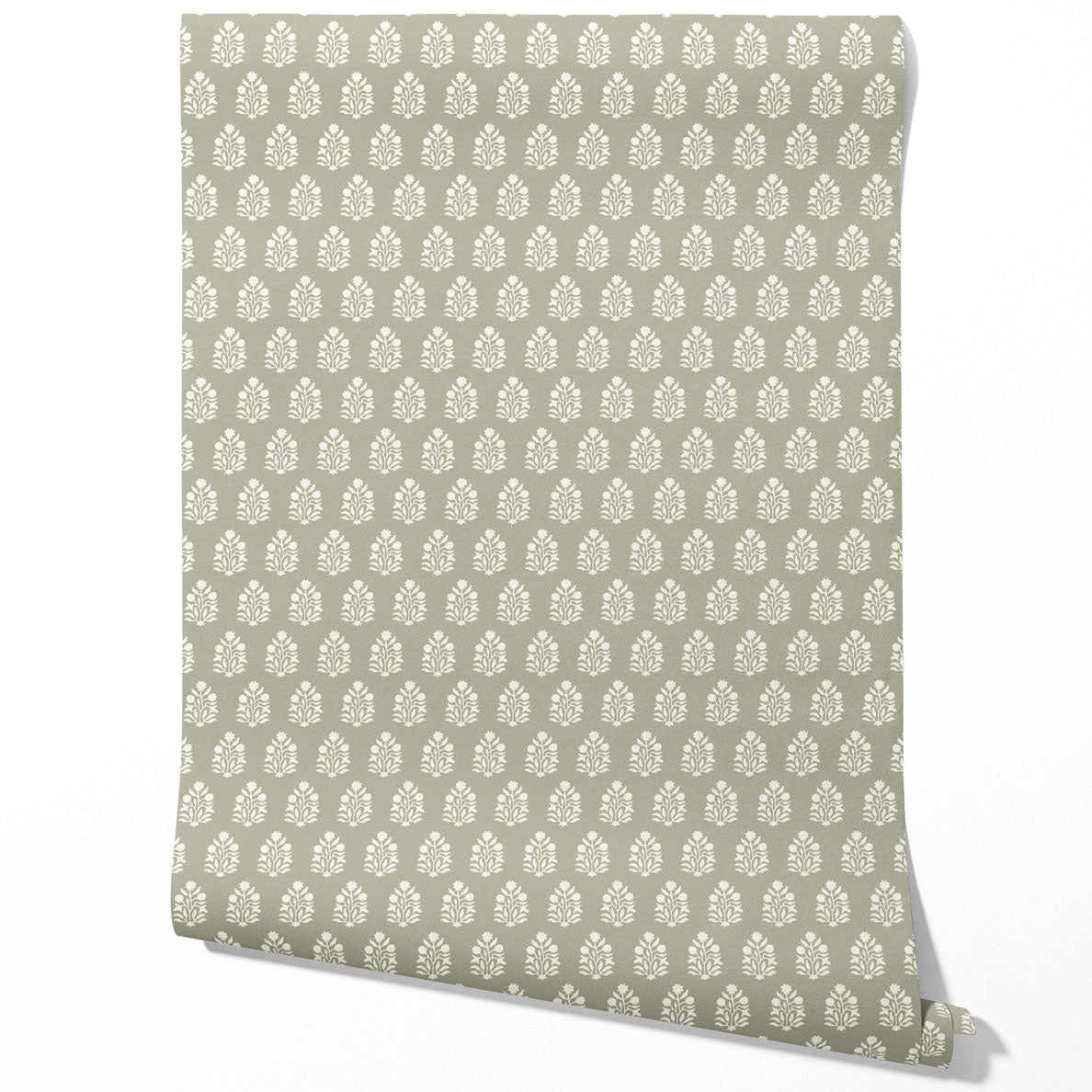 Vintage-Inspired Botanical Floral Block Print Traditional Wallpaper Sample (Khaki Green/ Cream)