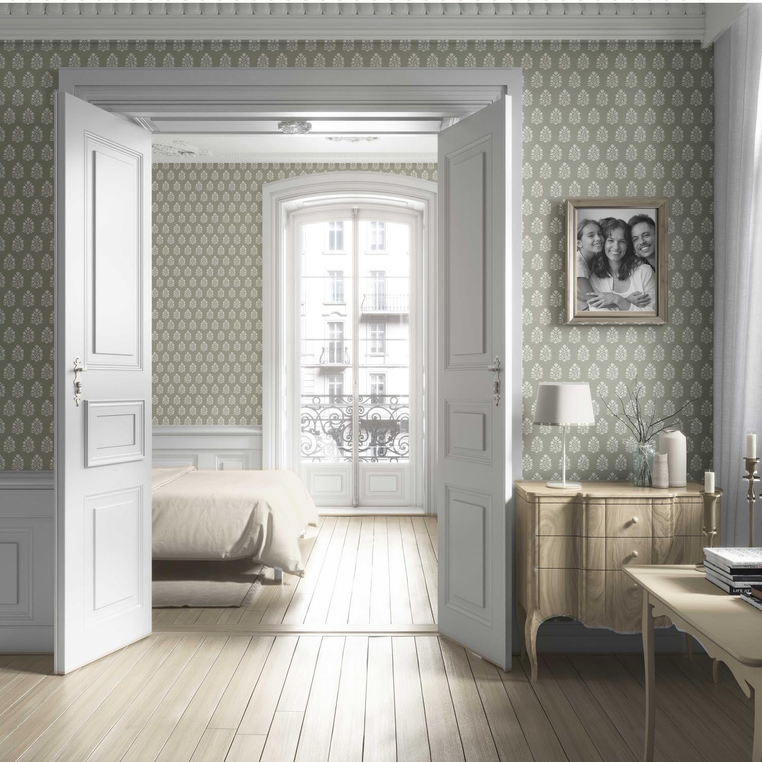 Vintage-Inspired Botanical Floral Block Print Living Room Wallpaper Sample (Khaki Green/ Cream)