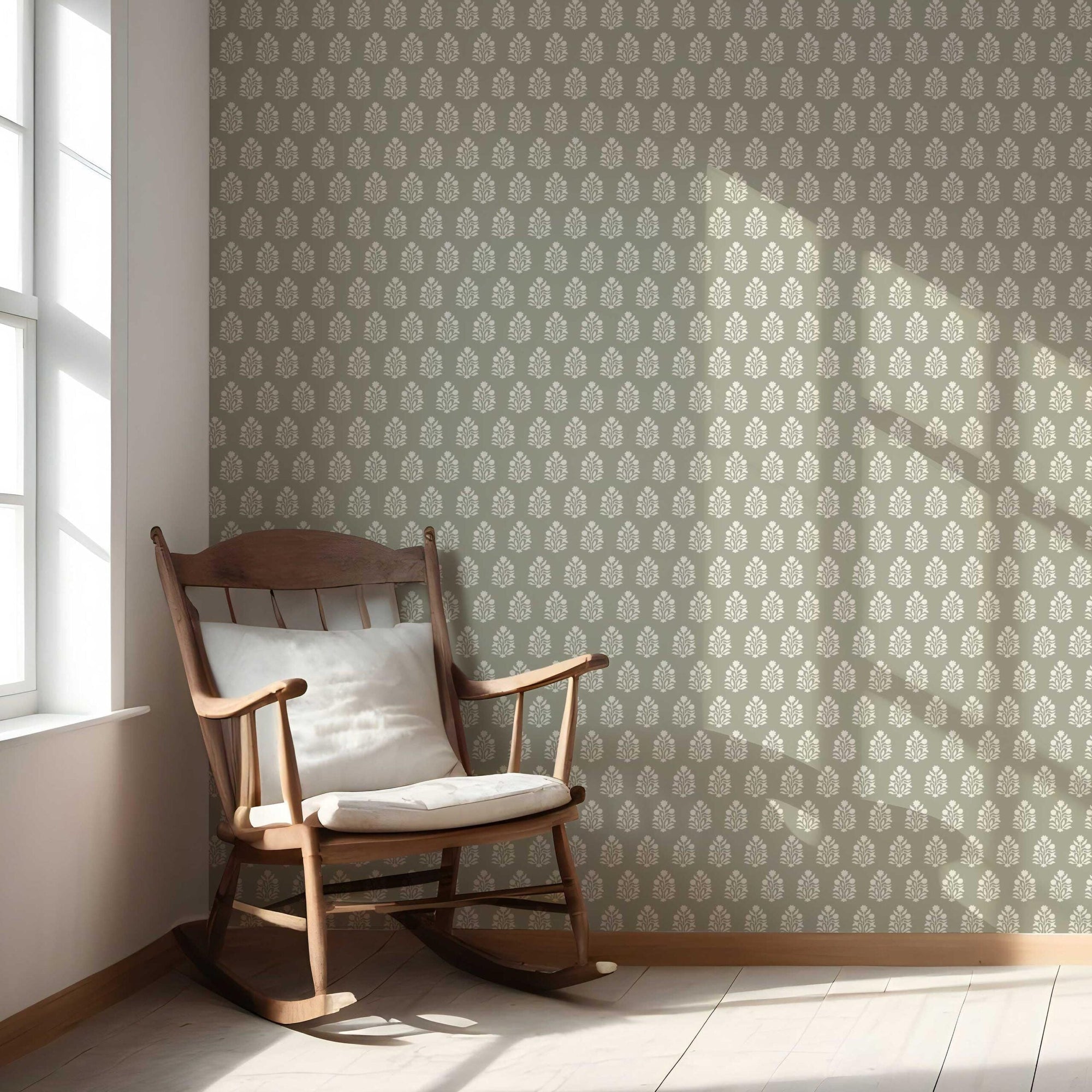 Vintage-Inspired Botanical Floral Block Print Nursery Wallpaper (Khaki Green/ Cream)