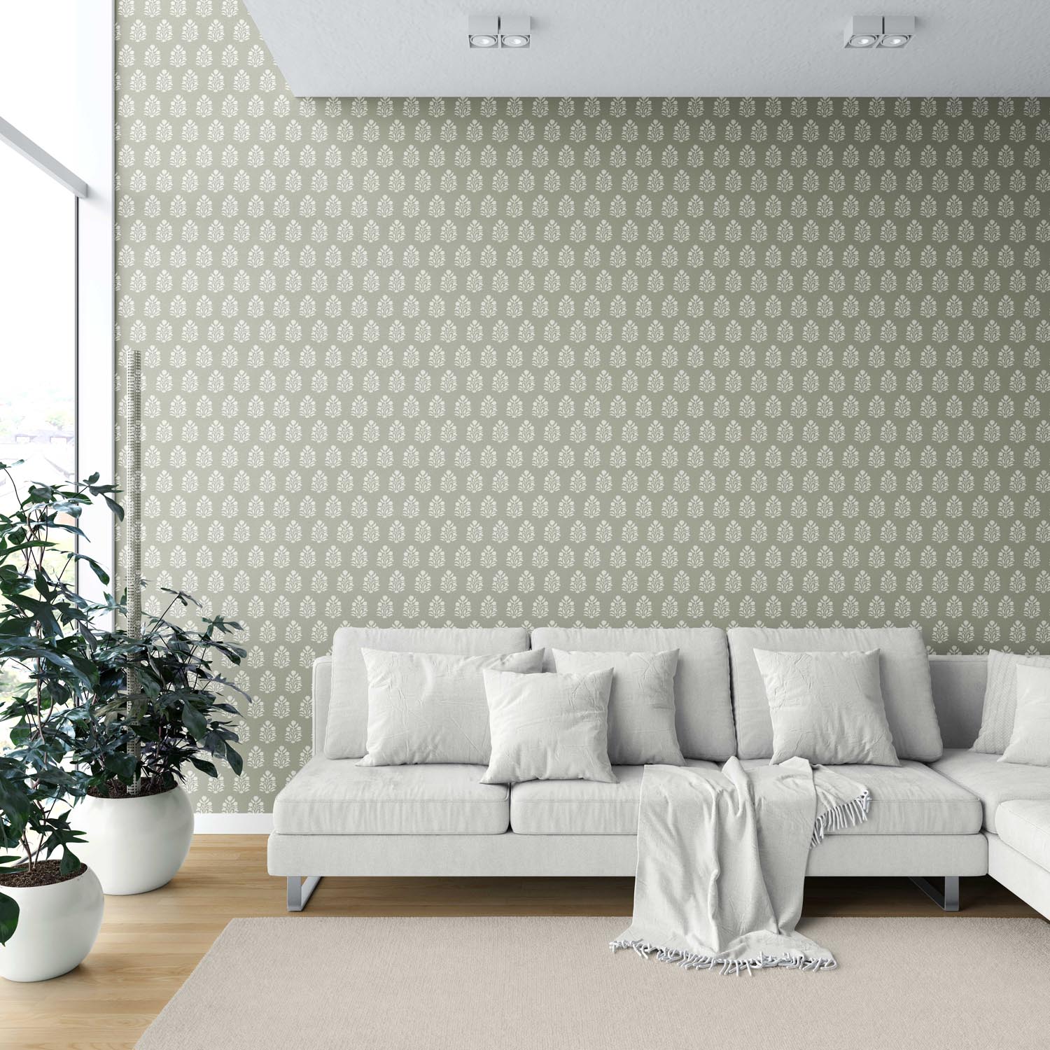 Vintage-Inspired Botanical Floral Block Print Shower Toilet Wallpaper Sample (Khaki Green/ Cream)