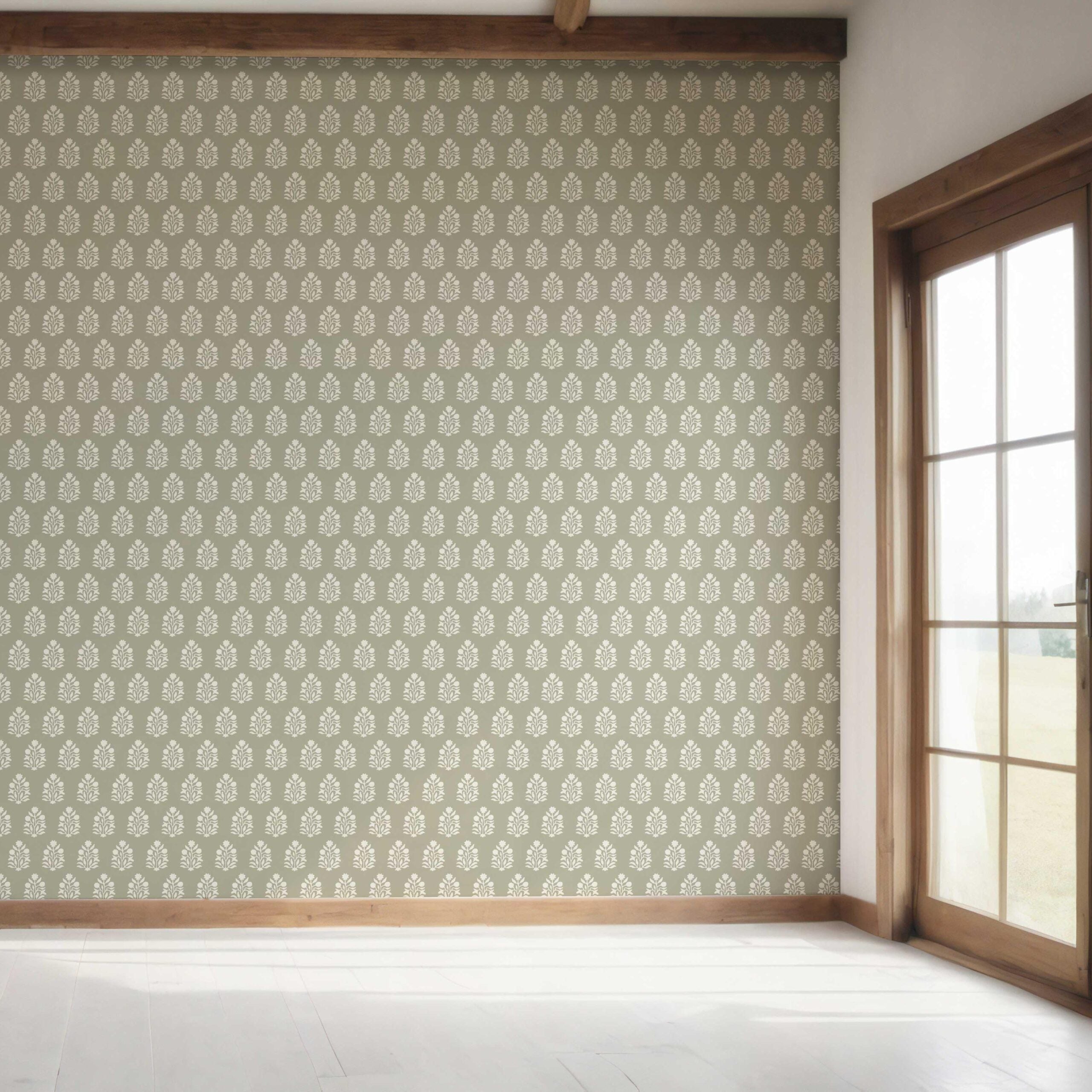 Vintage-Inspired Botanical Floral Block Print Bedroom Wallpaper Sample (Khaki Green/ Cream)