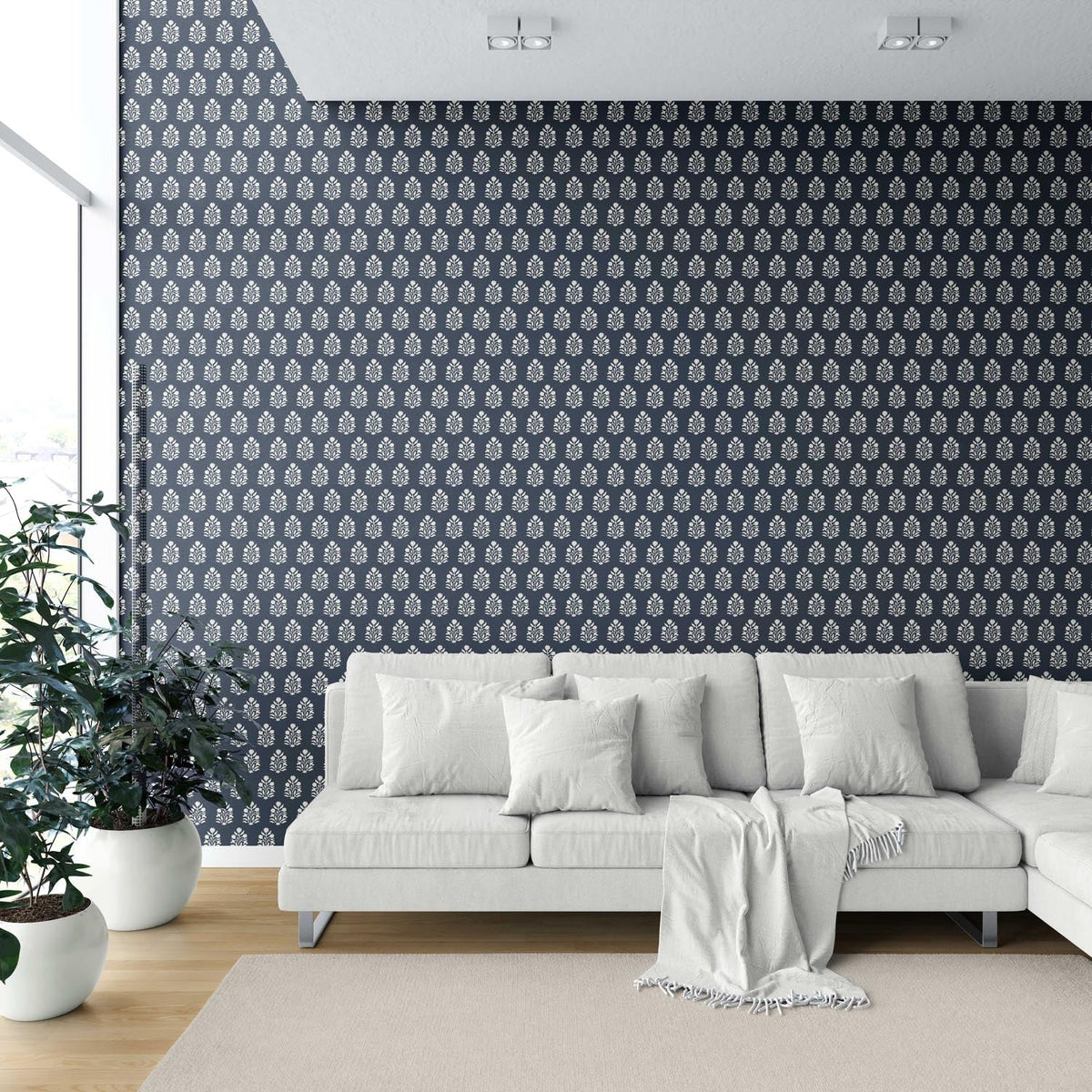 Vintage-Inspired Botanical Floral Block Print Shower Toilet Wallpaper (Navy Blue/ White)